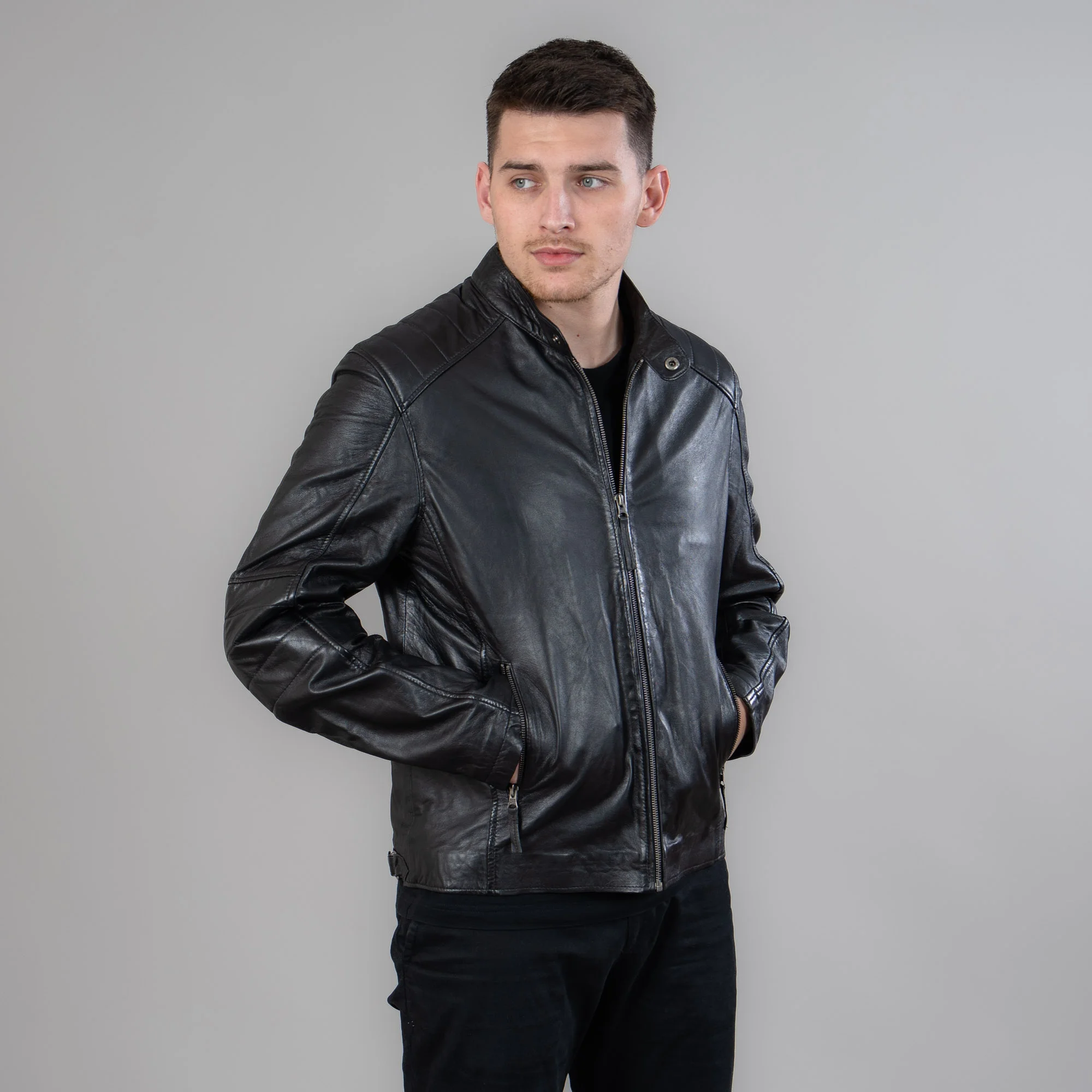 Black leather jacket with a detachable hood
