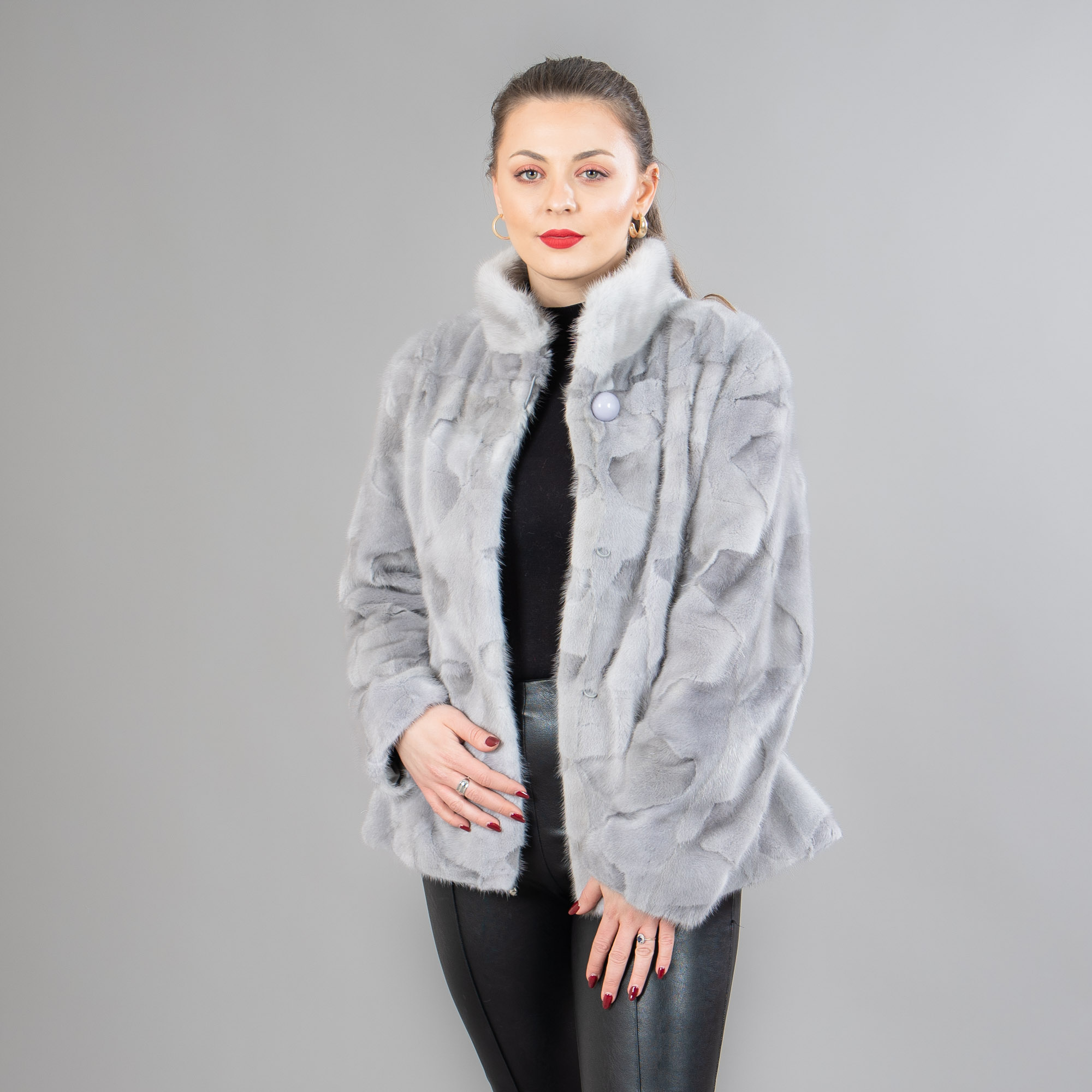 Mink fur jacket with a collar in gray color
