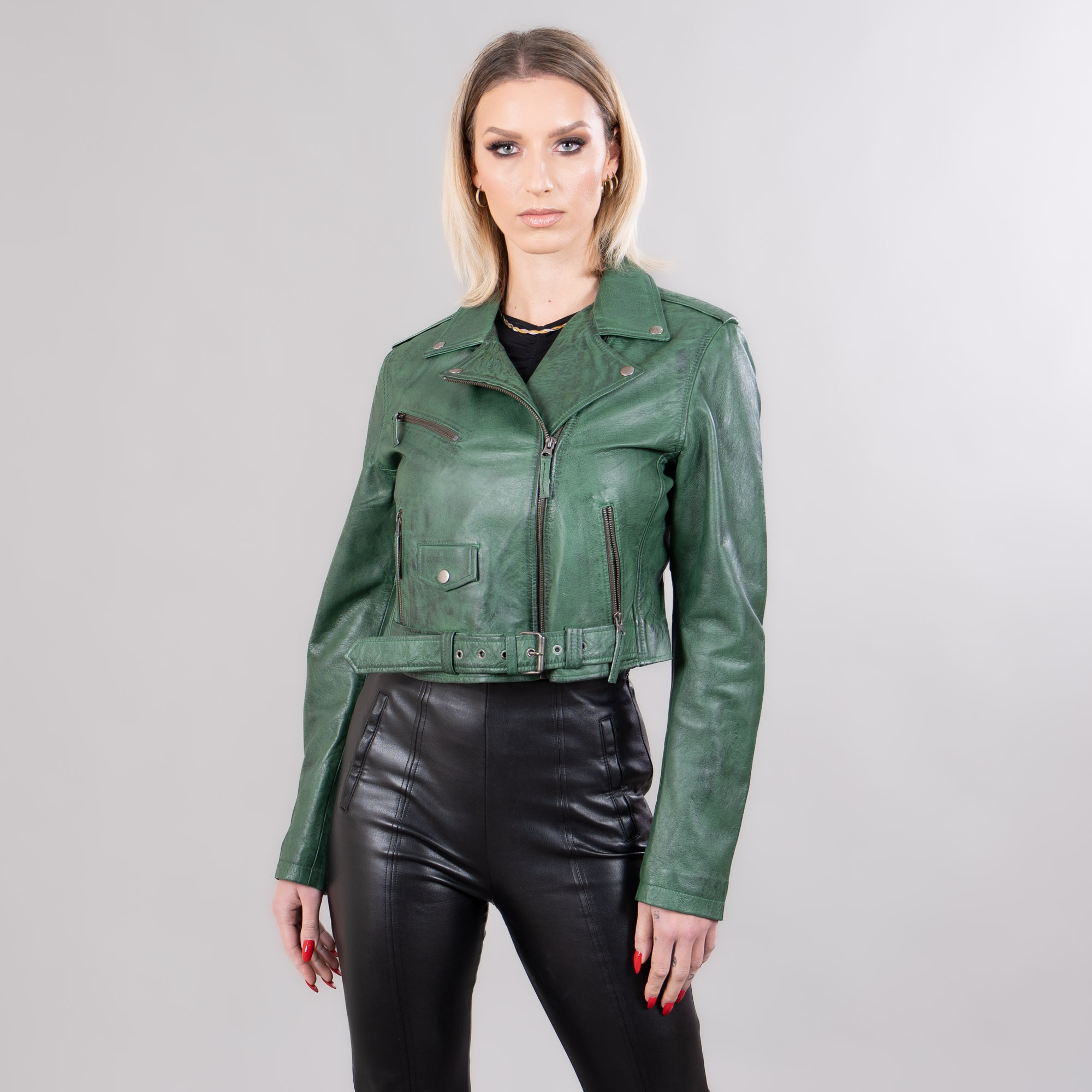 green leather short jacket