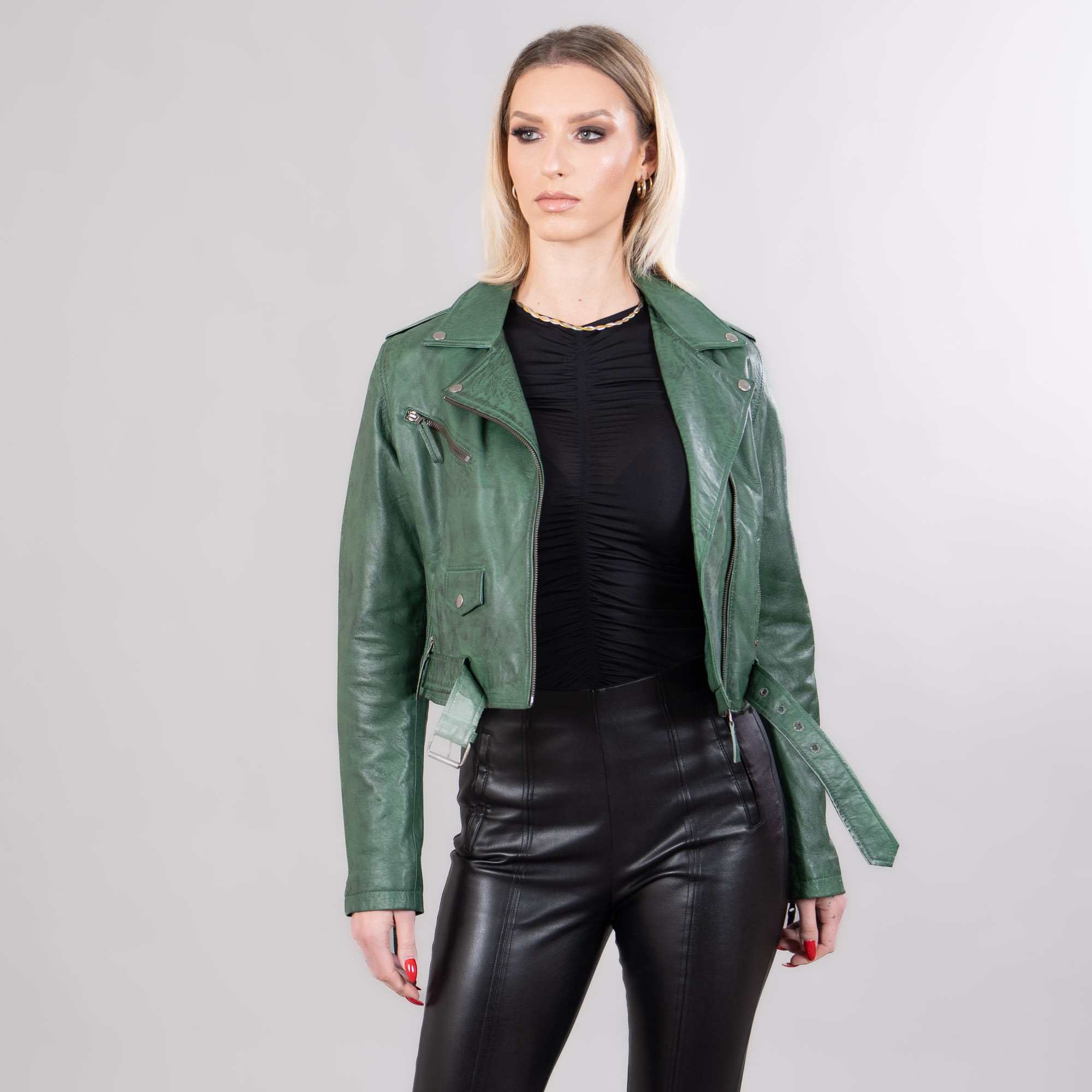 green leather short jacket