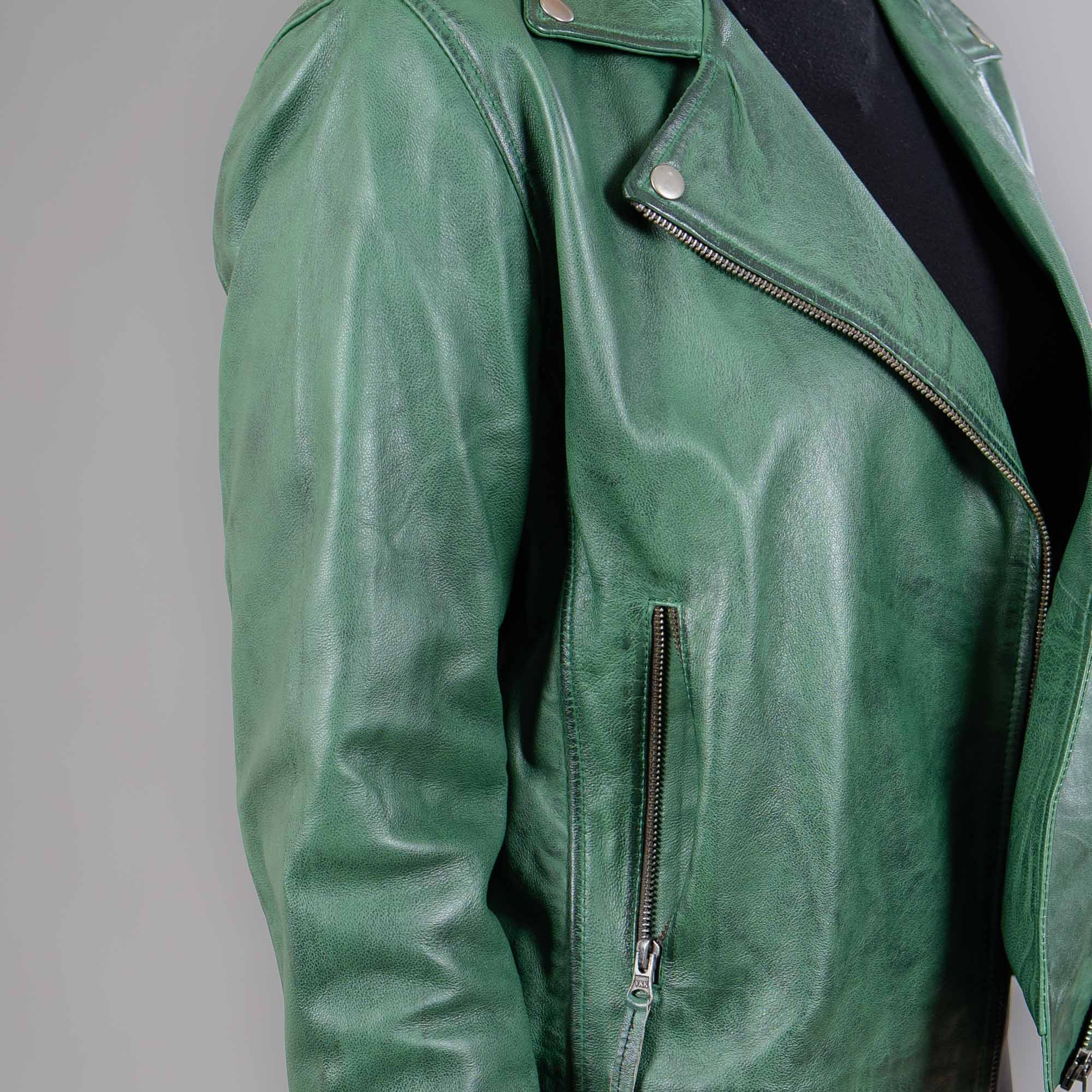 Green leather jacket with a collar