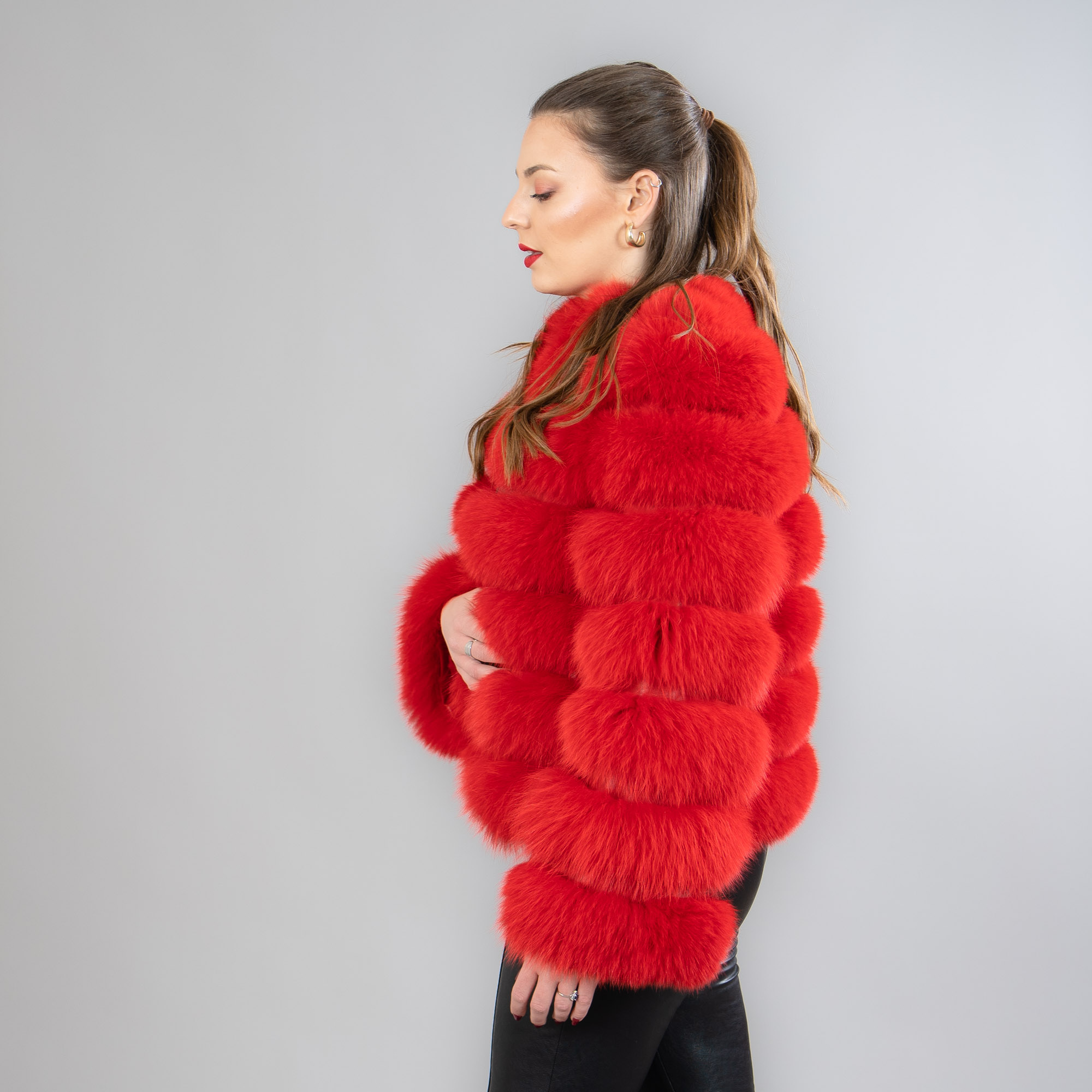 Red fox fur jacket with leather details