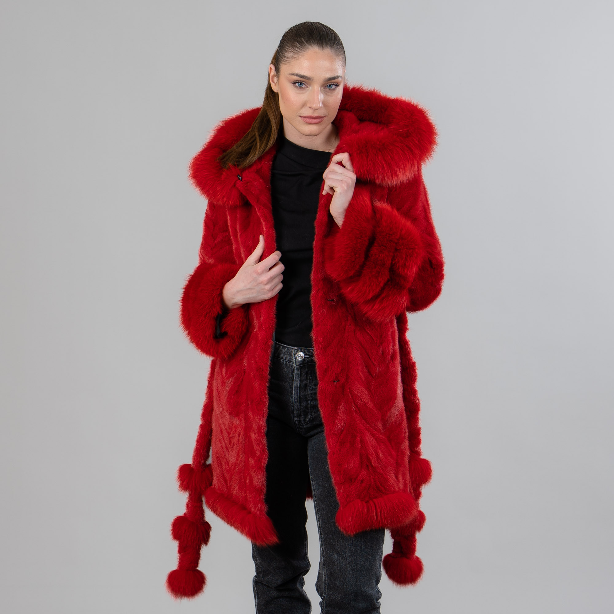Red mink fur coat with fox fur details