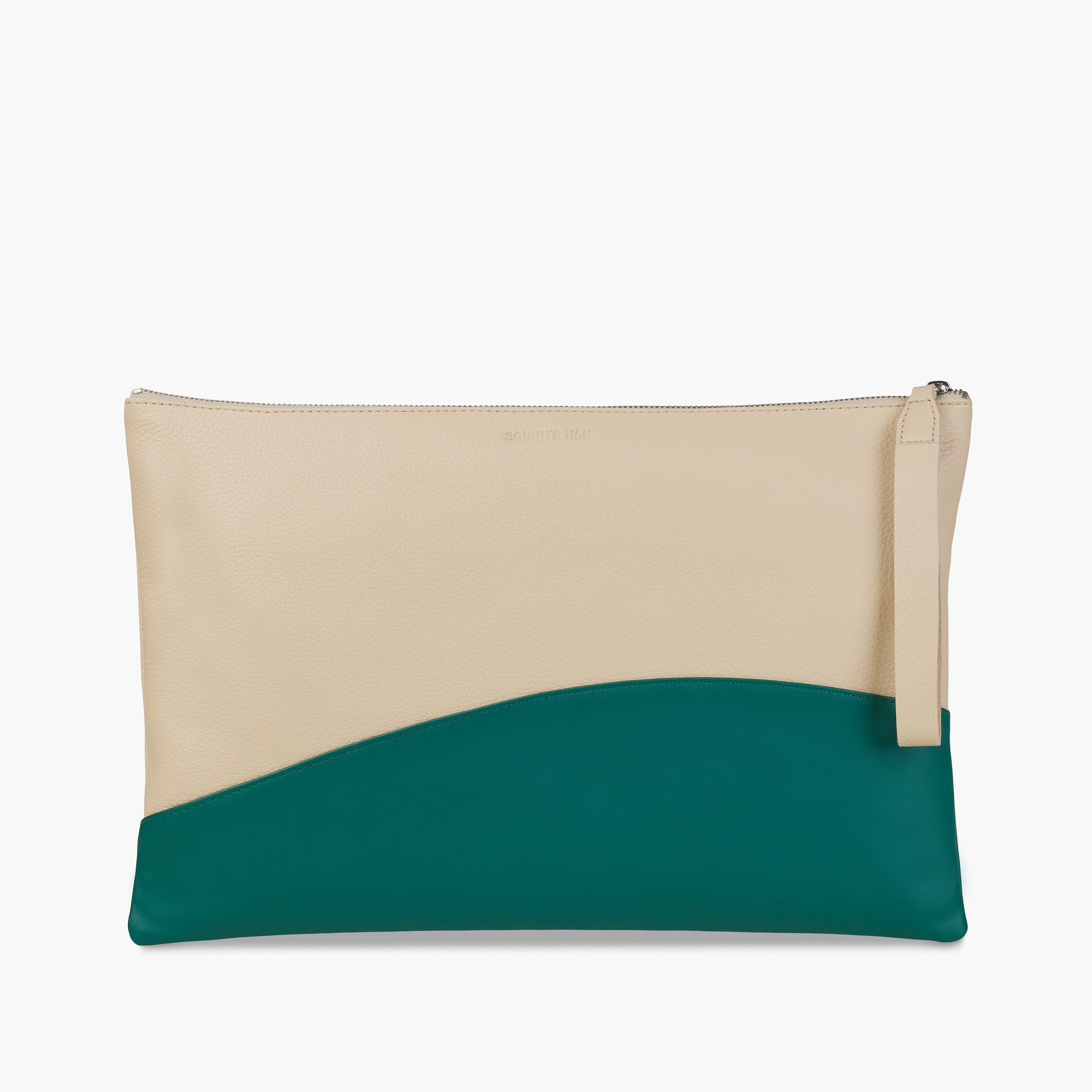 Leather purse in beige and green color