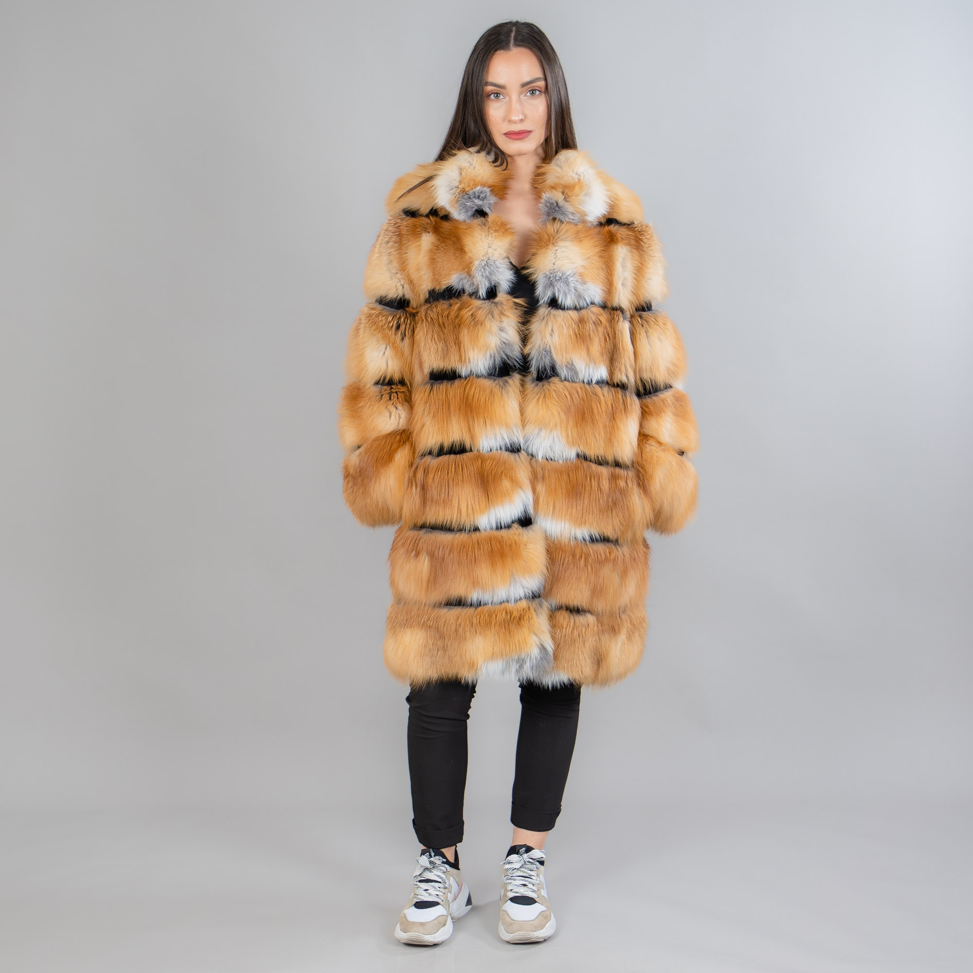 Red fox fur coat with rabbit fur details