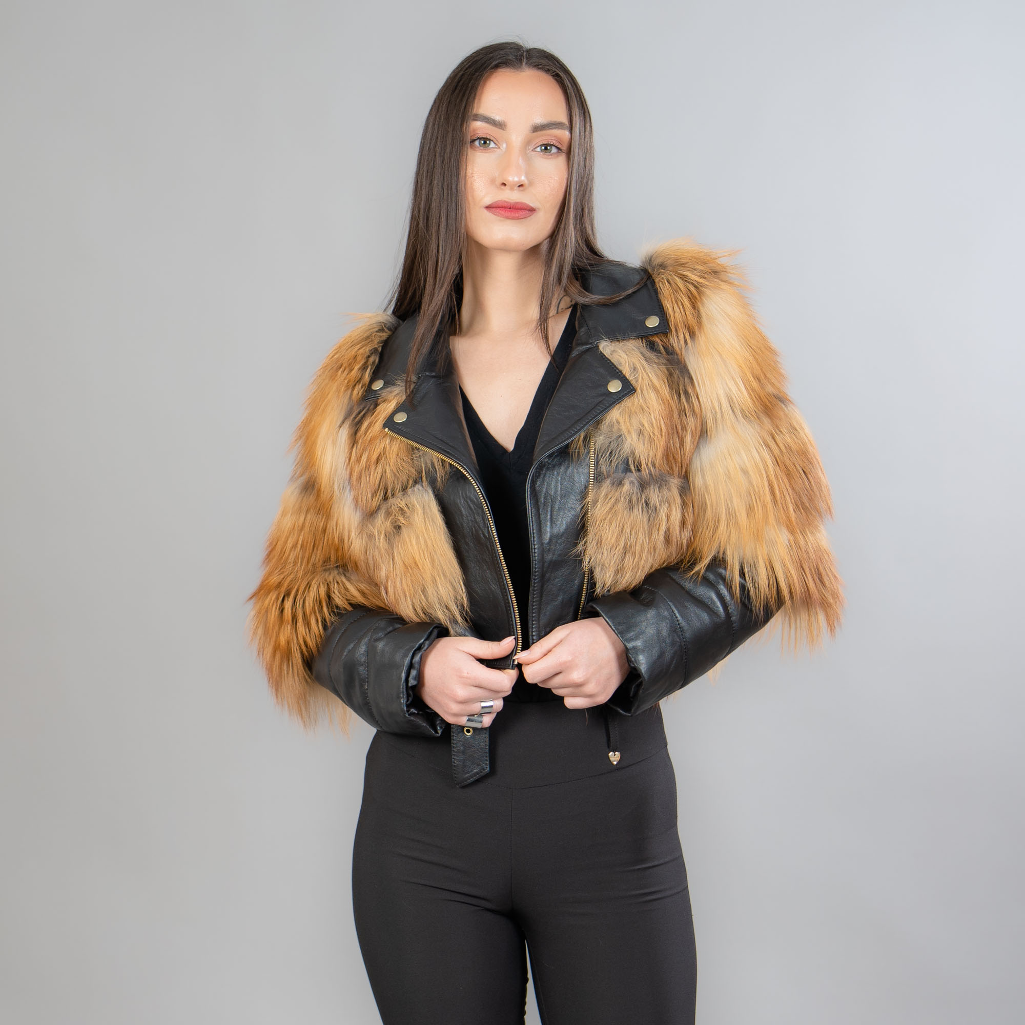 Red short fox fur jacket with leather