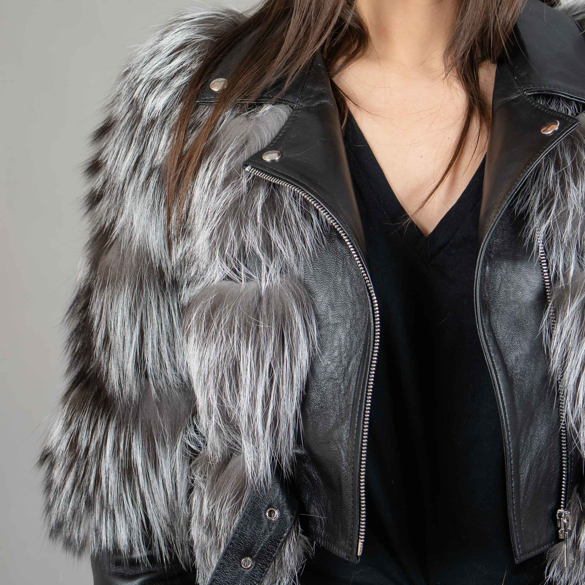 Silver short fox fur jacket with leather