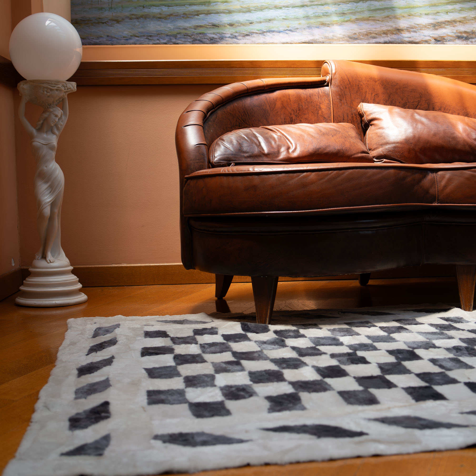 Sheep fur carpet in a gray chess pattern