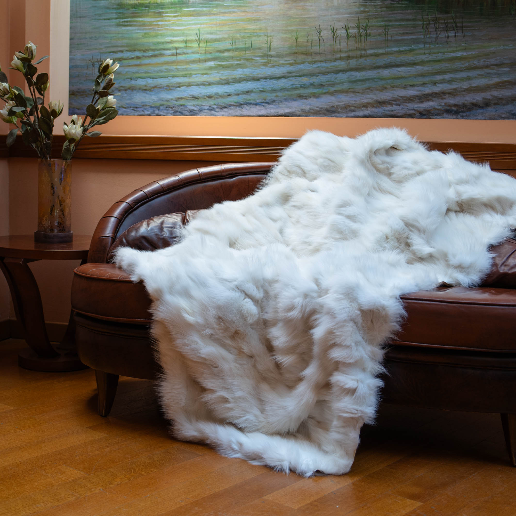 Fox fur blanket in white color