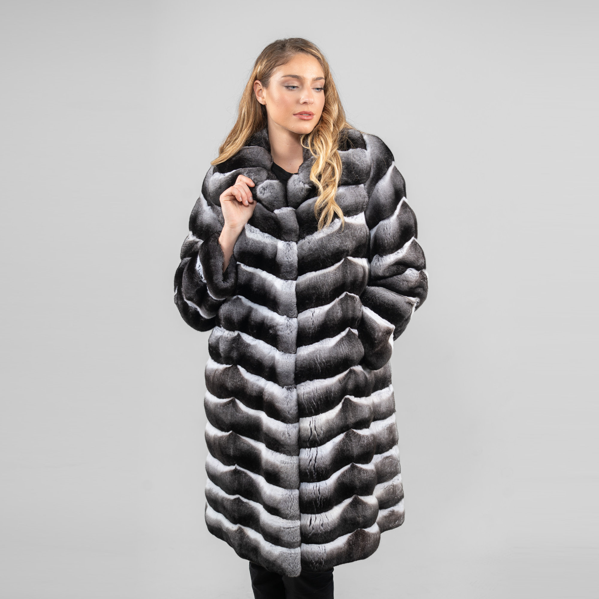 Chinchilla fur coat in gray color