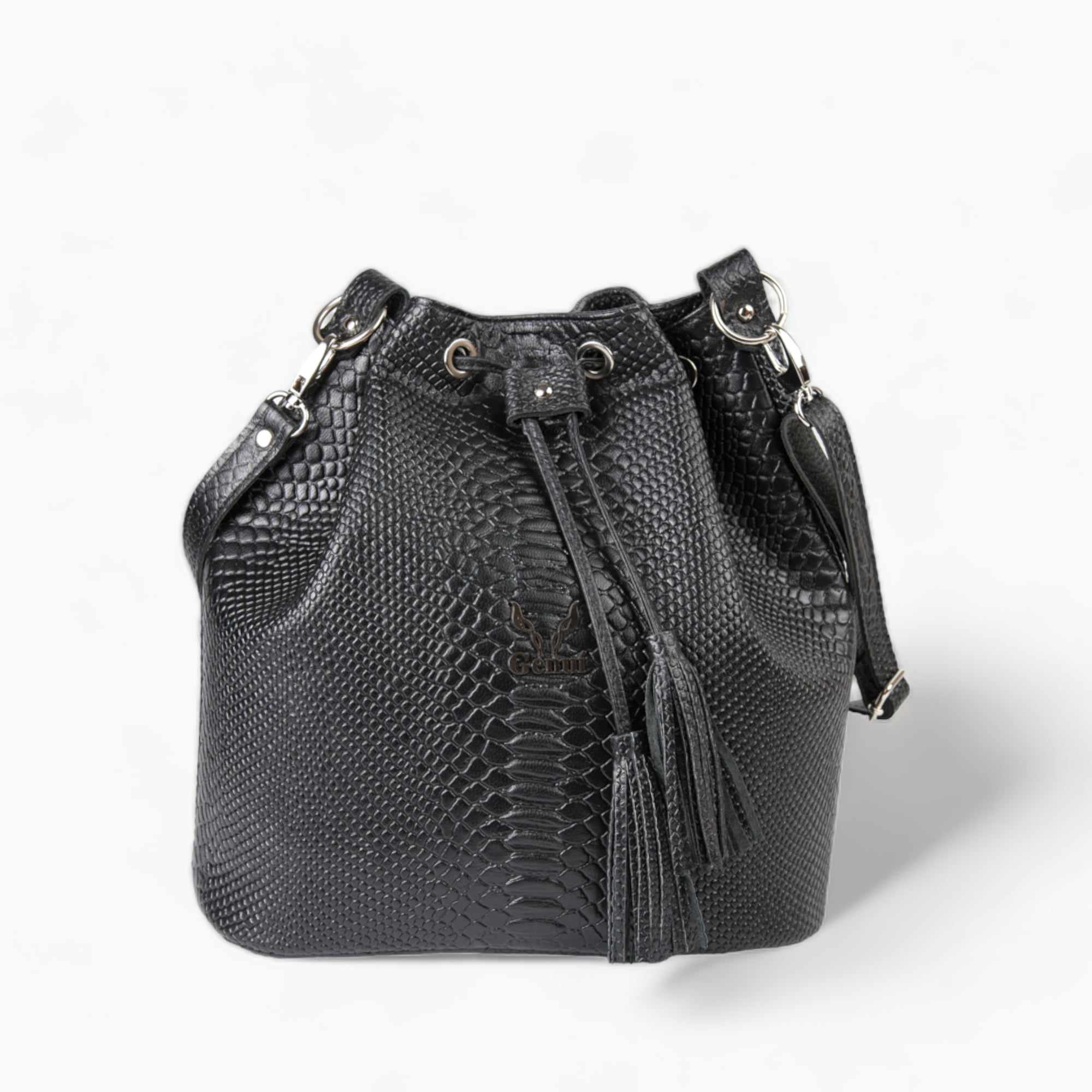 Leather polymorphic pouch bag in black color