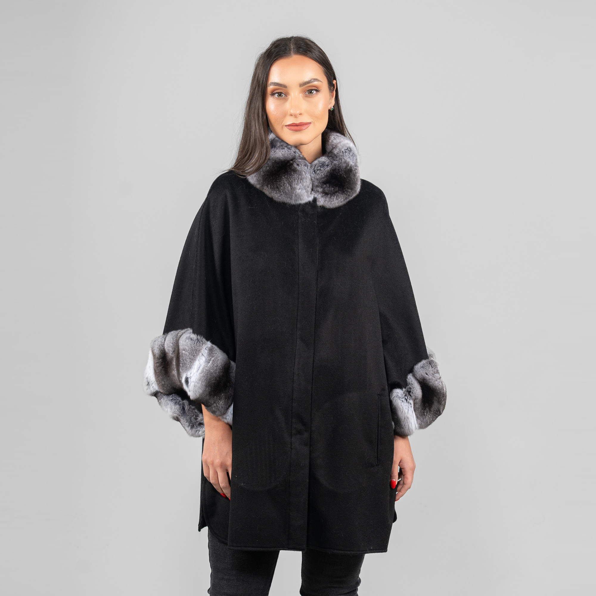 black cashmere cape with chinchilla fur