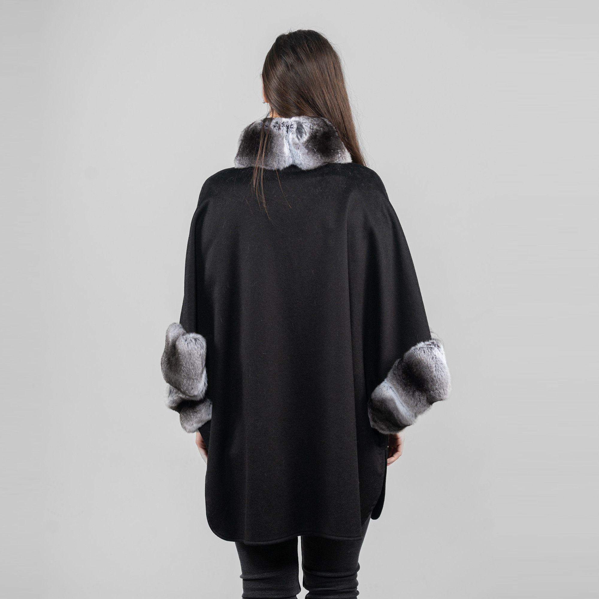 black cashmere cape with chinchilla fur