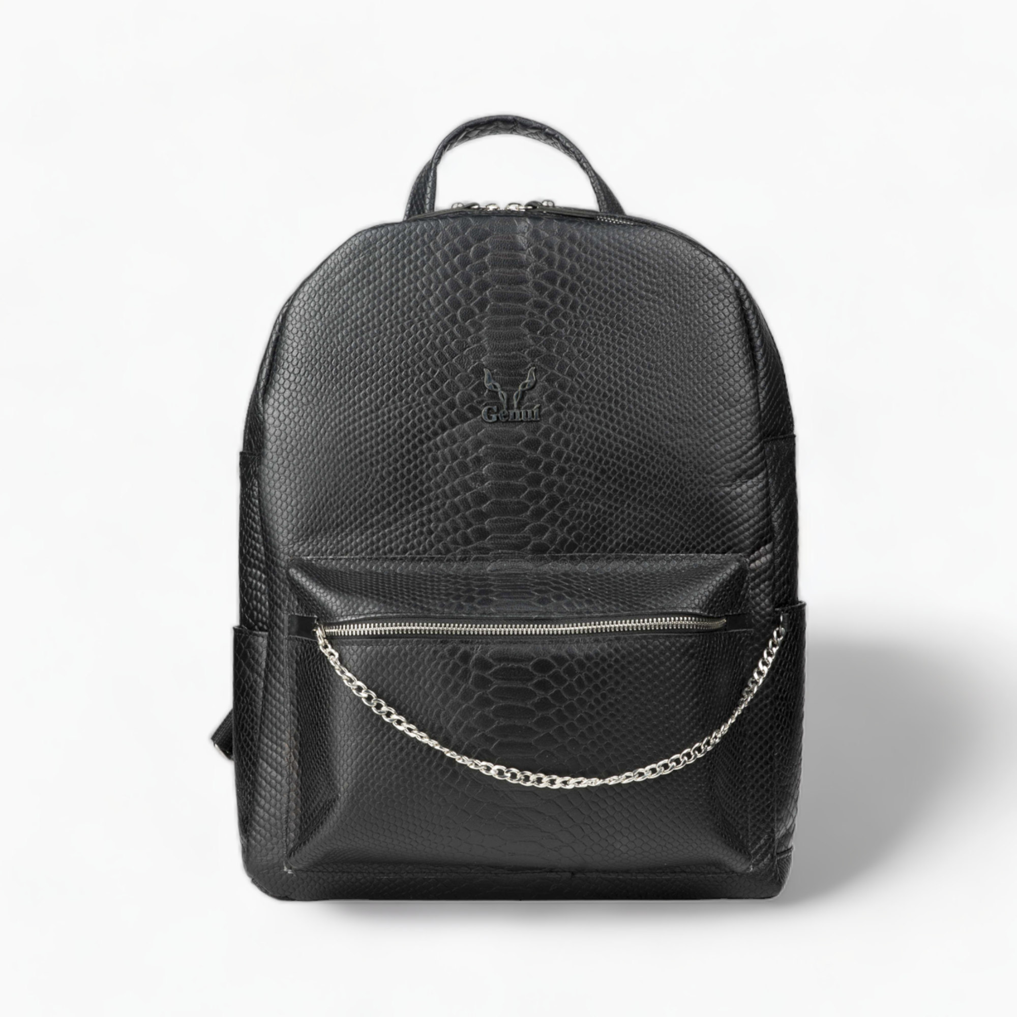 Black leather backpack with a chain