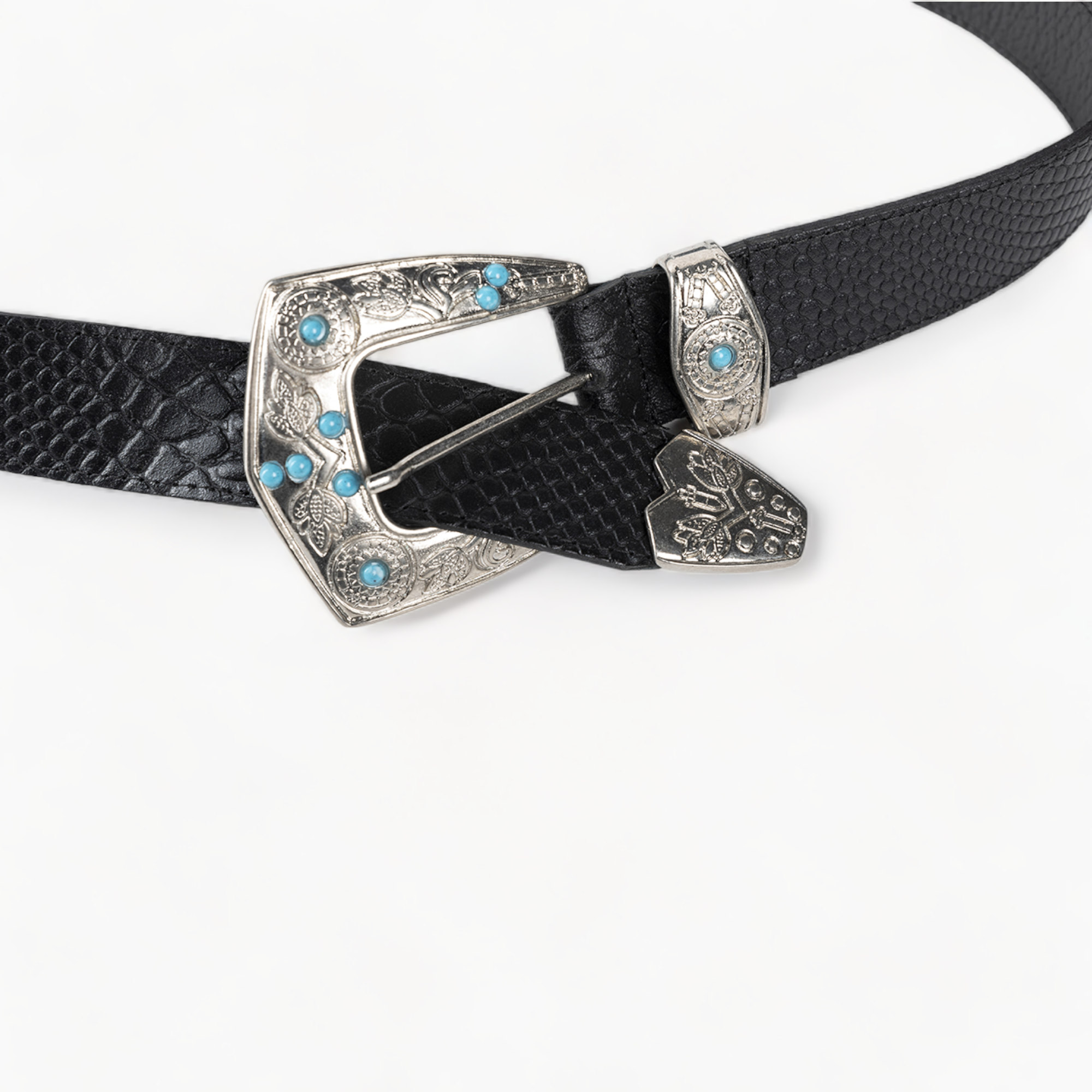 Black leather belt with a silver buckle