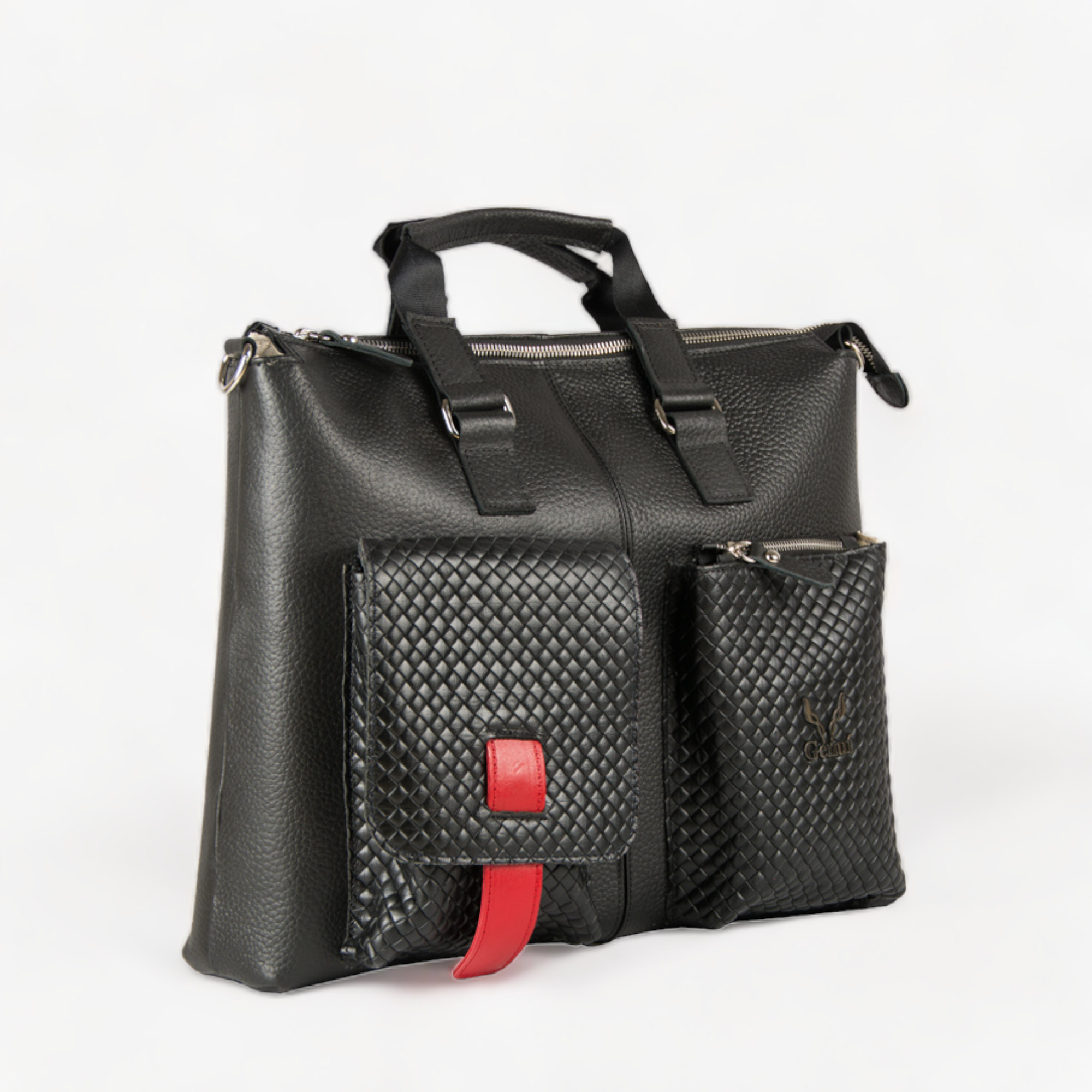 Leather briefcase in black color with red details