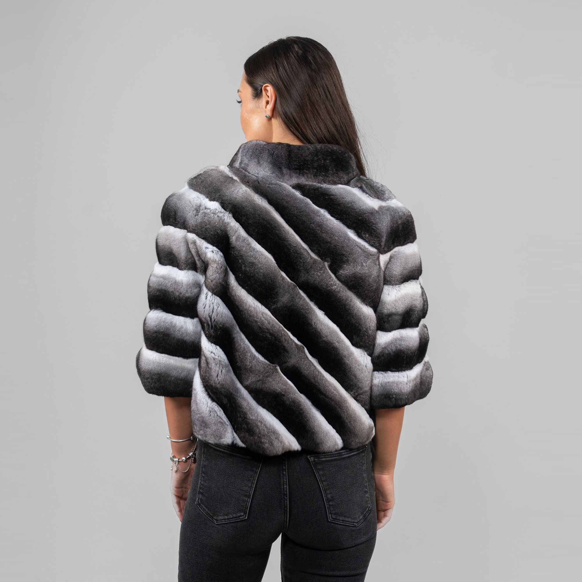 Gray chinchilla fur jacket with a side pattern