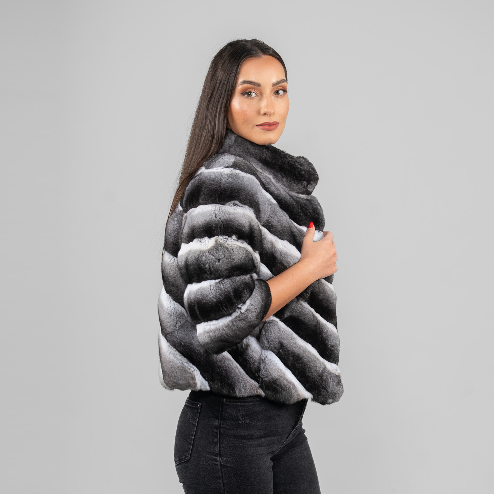 Gray chinchilla fur jacket with a side pattern