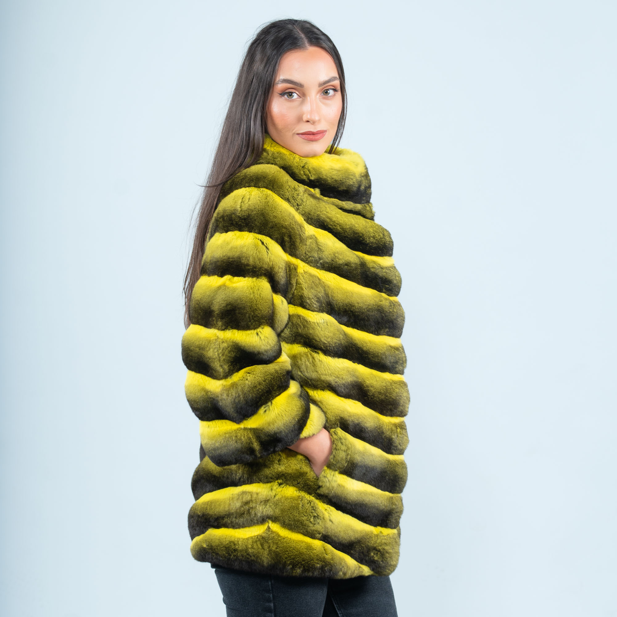 Chinchilla fur jacket in yellow color