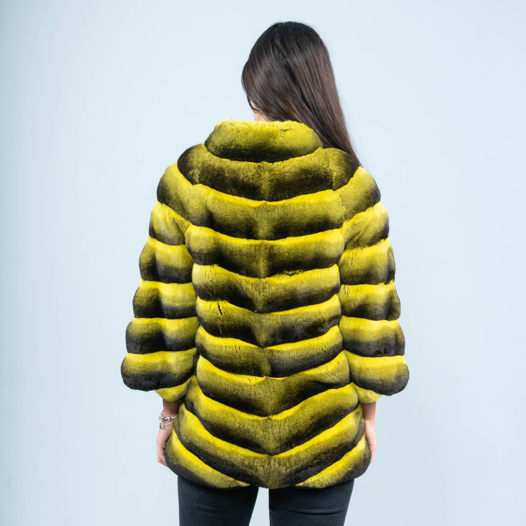 Chinchilla fur jacket in yellow color