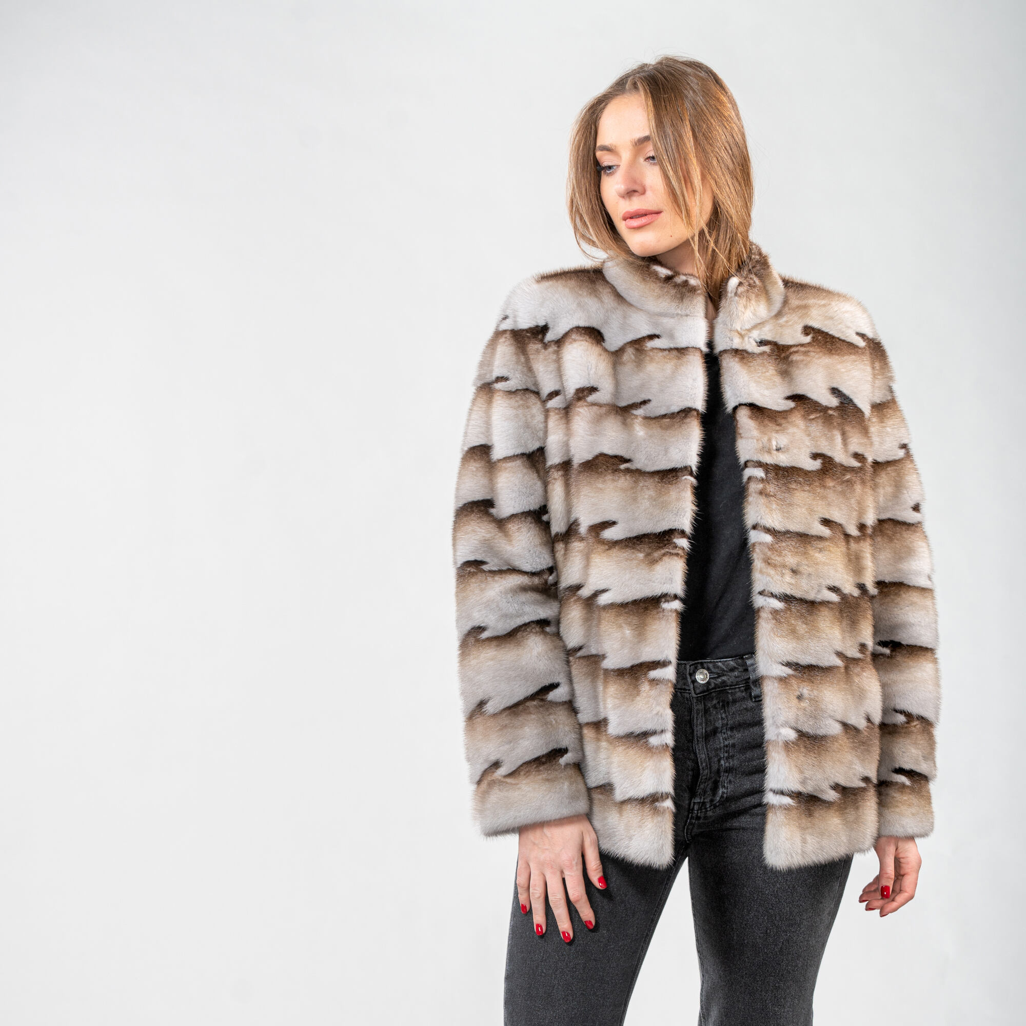 Mink fur jacket with brown stripes