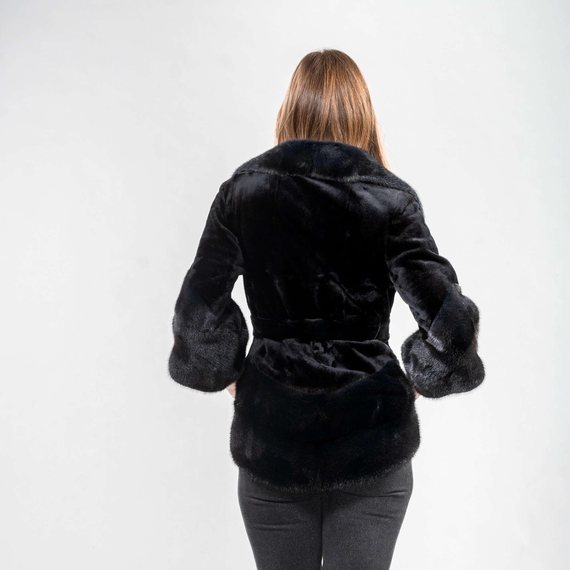 Mink fur belted jacket in black color