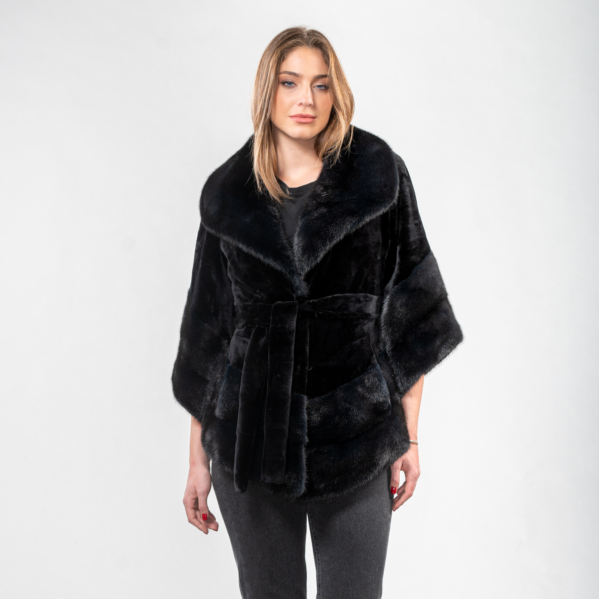 Mink fur belted jacket in black color