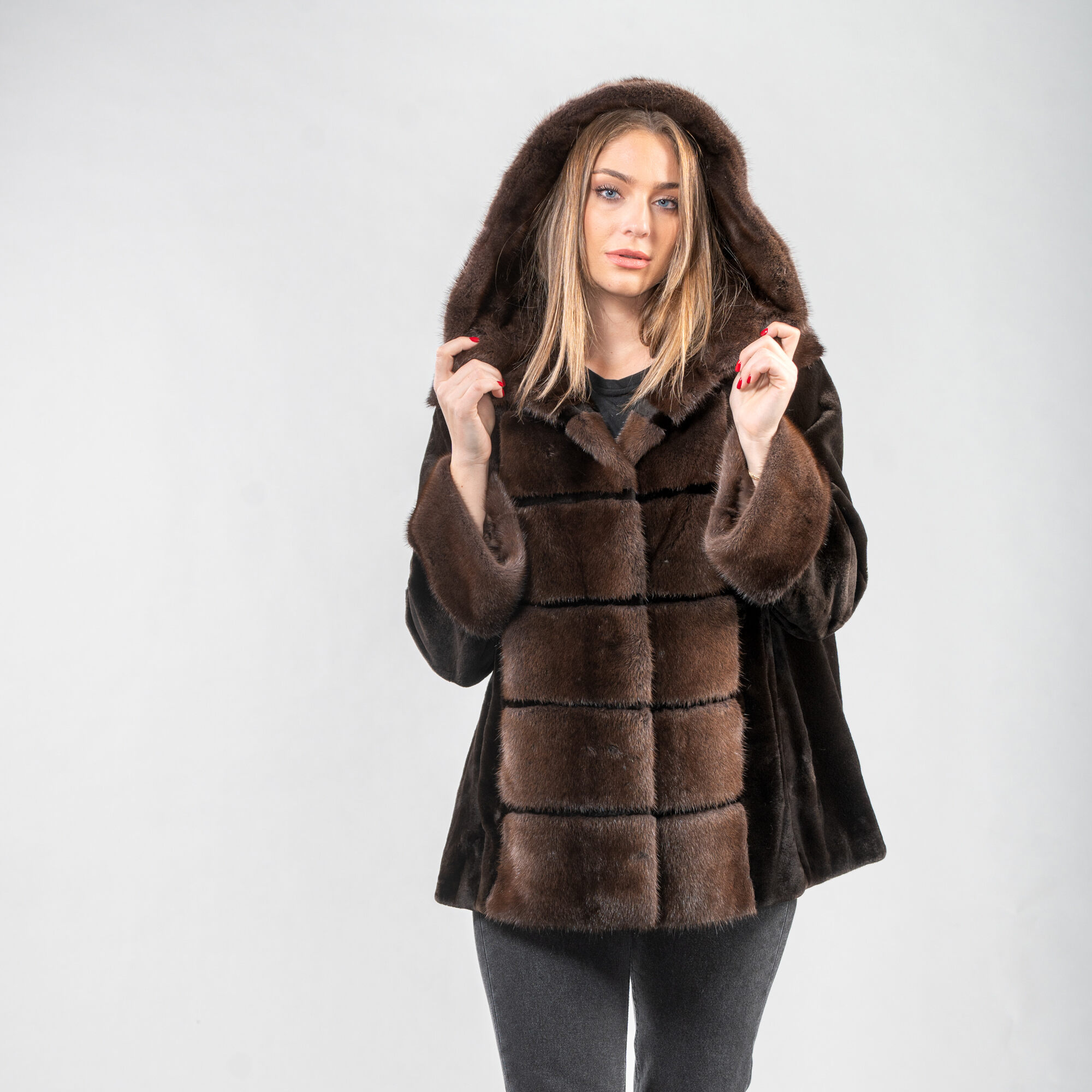 Mink fur hooded jacket in brown shades