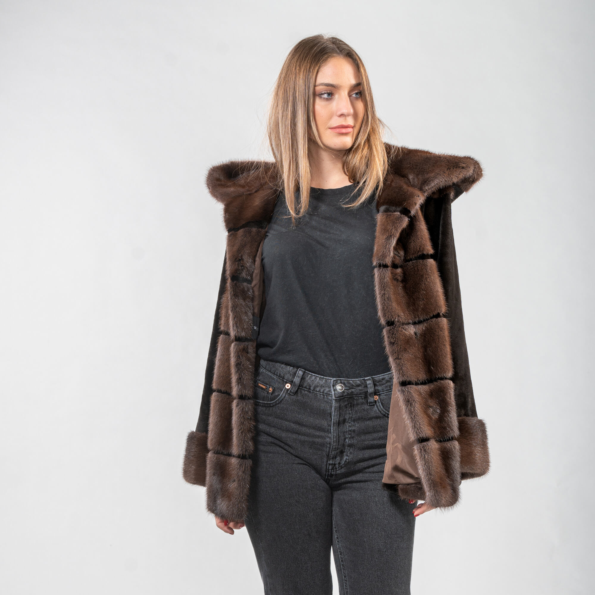 Mink fur hooded jacket in brown shades