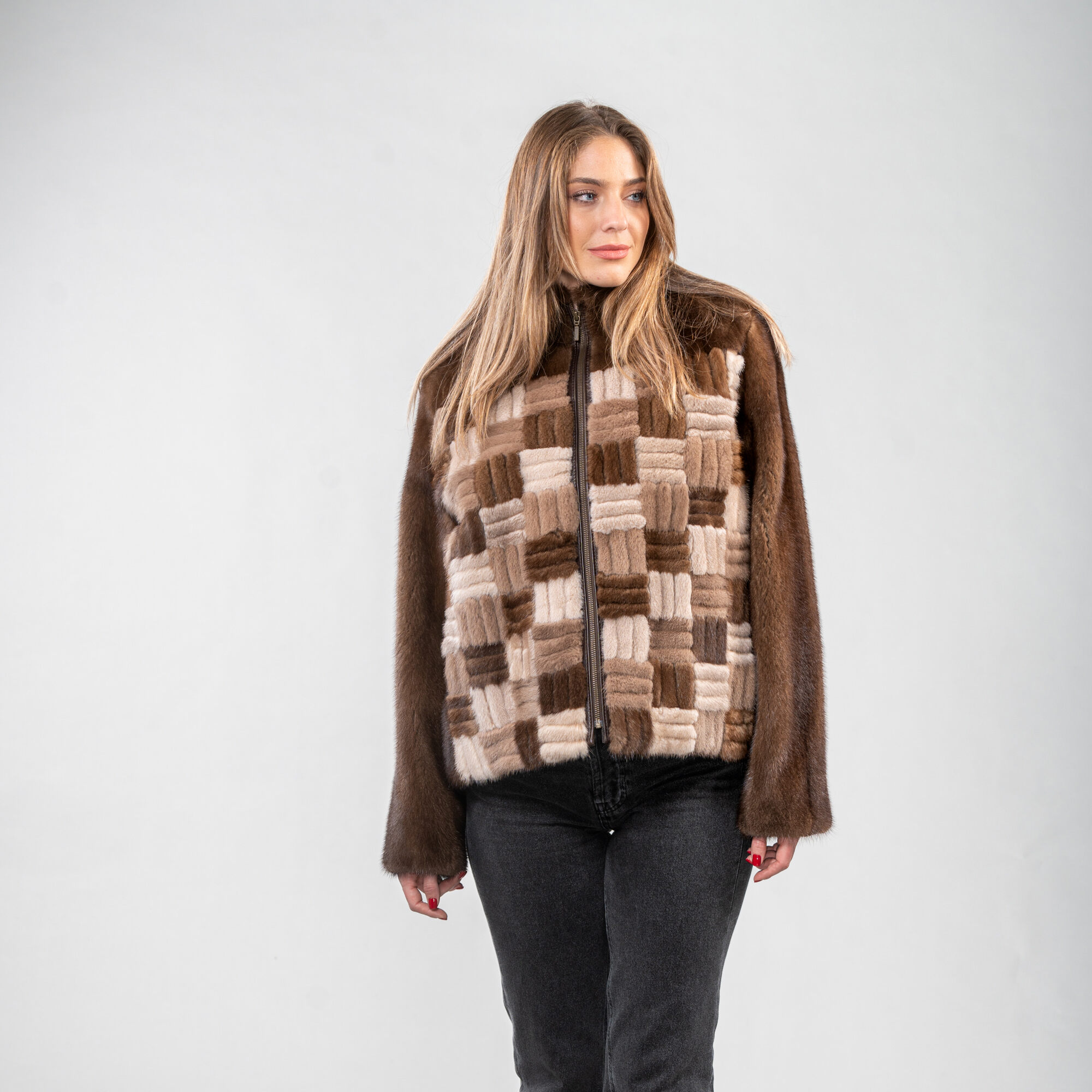 Mink fur jacket in brown color patterns