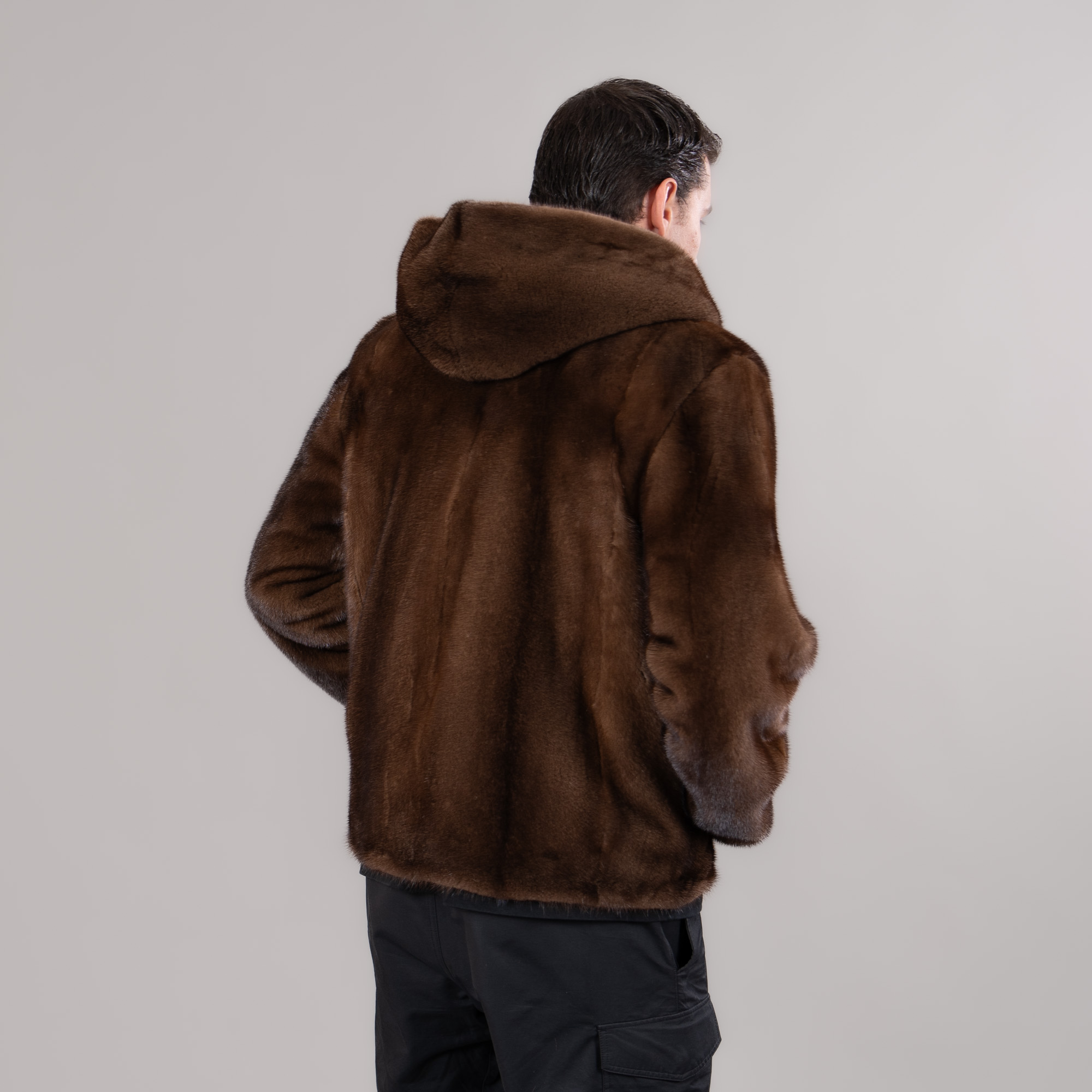 Brown mink fur jacket with a hood