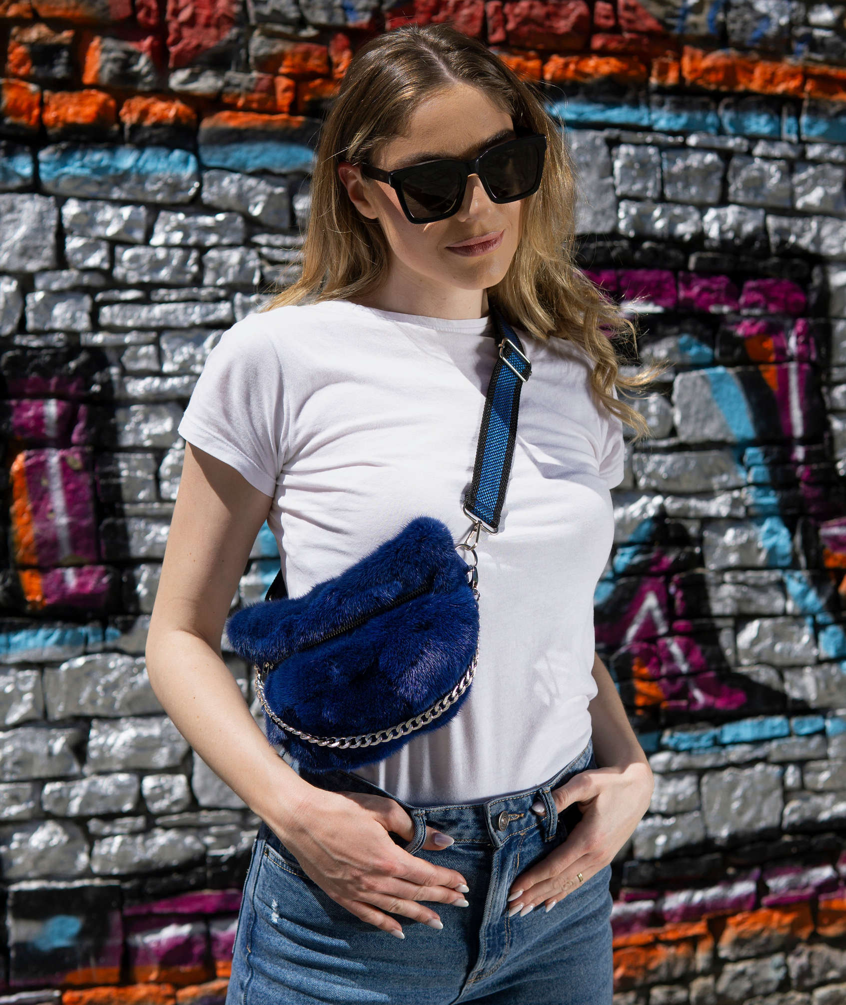 Blue mink fur belt bag with a chain