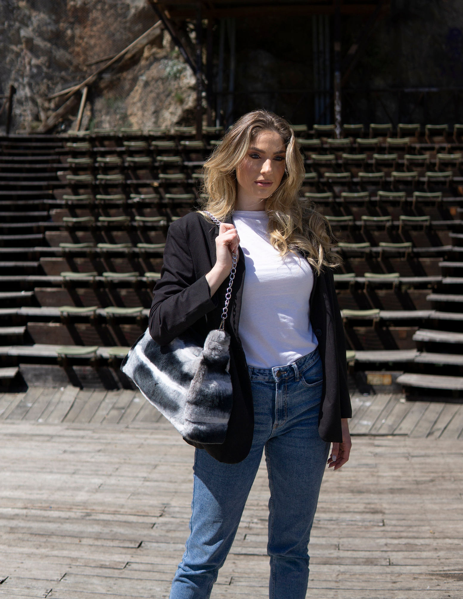 Rex rabbit fur shoulder bag in gray shades