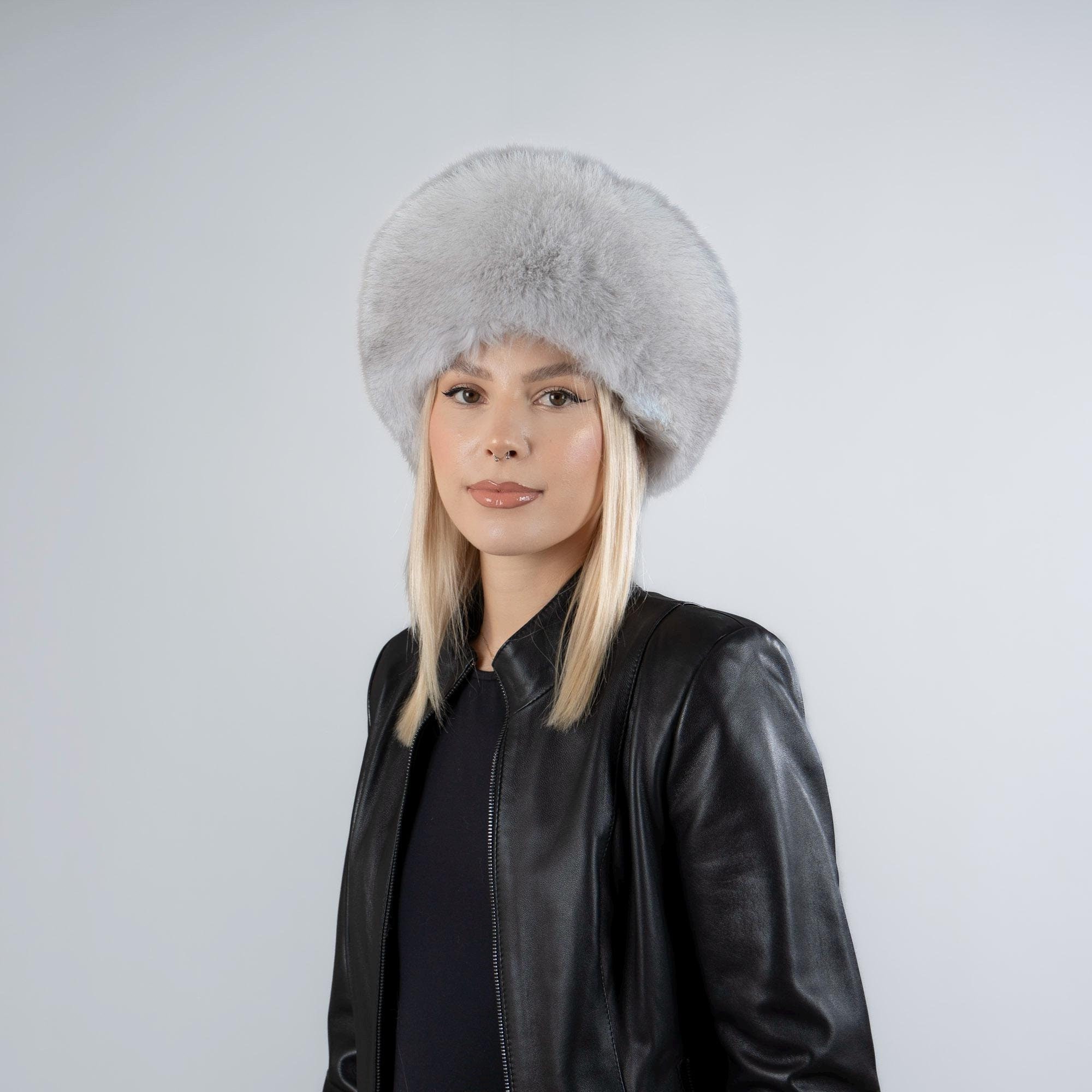 Fox fur hat in gray color
