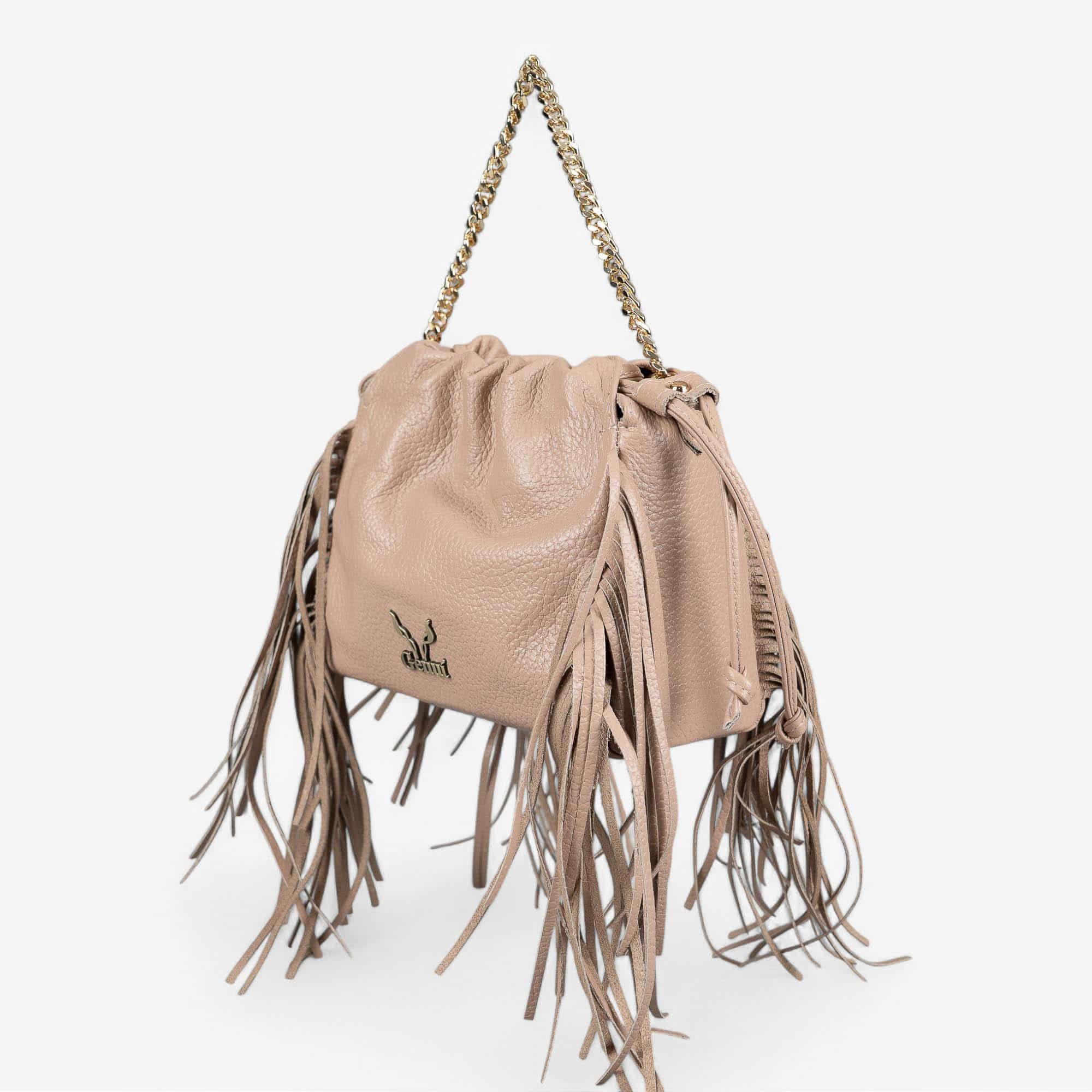 Beige leather fringe shoulder bag