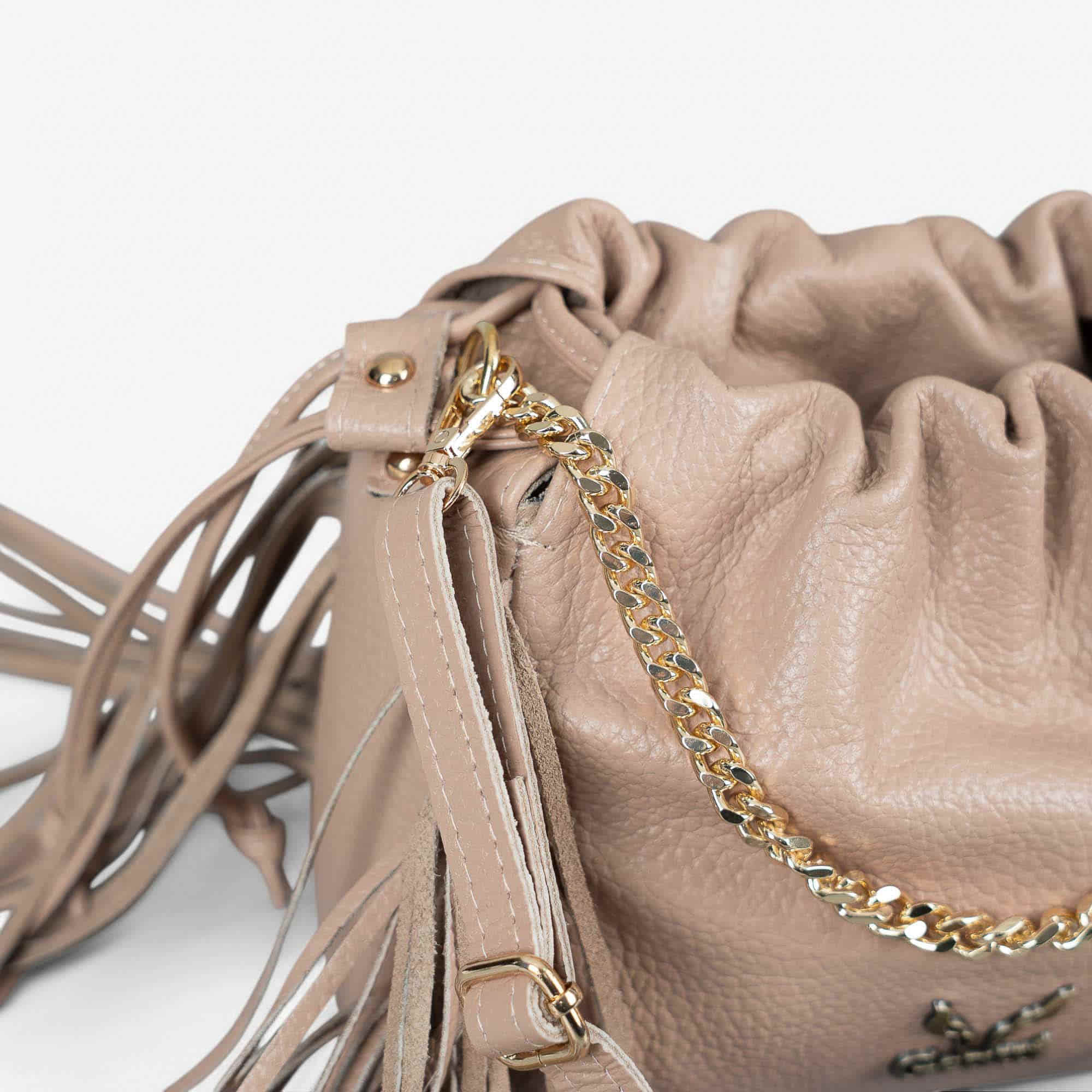 Beige leather fringe shoulder bag