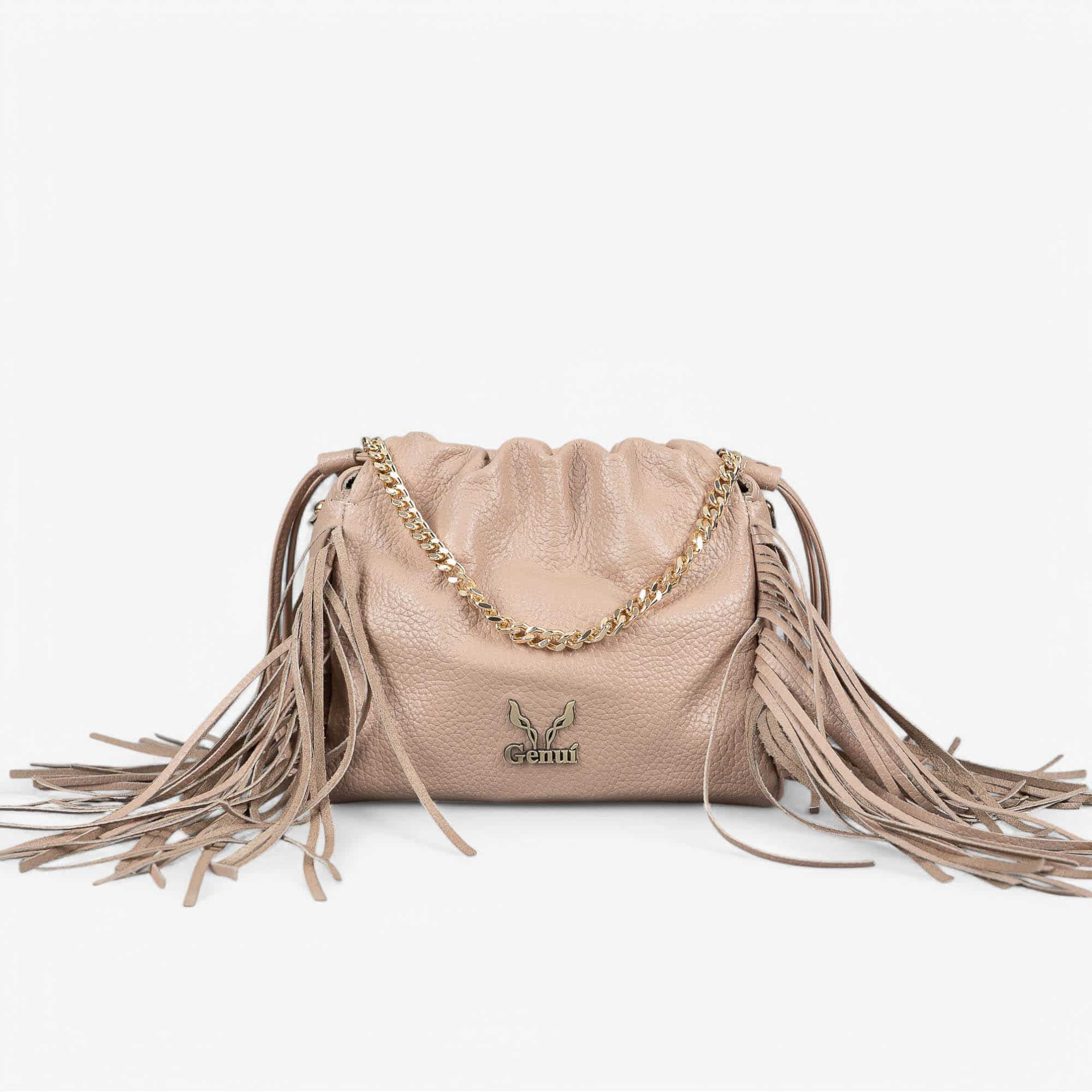 Beige leather fringe shoulder bag