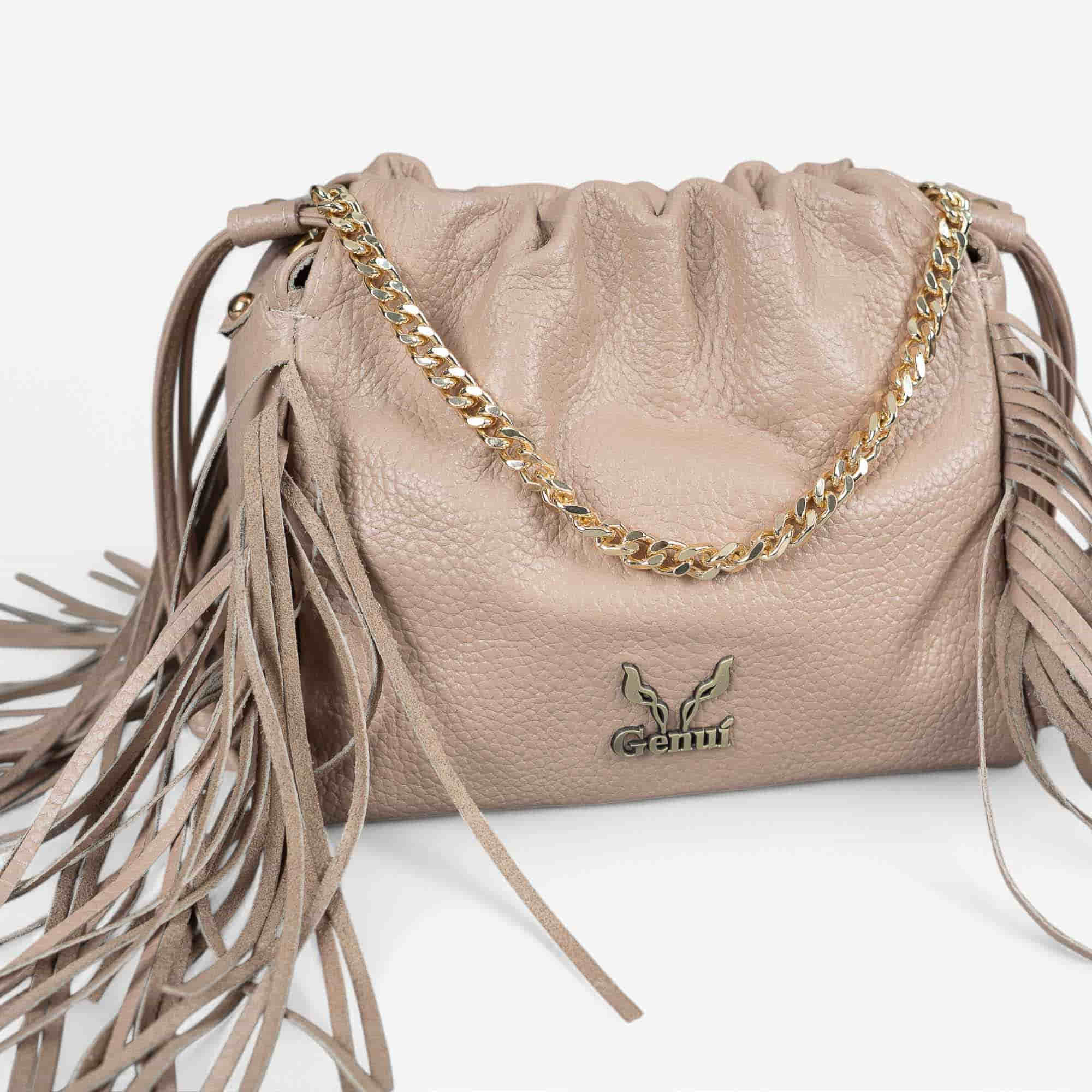Beige leather fringe shoulder bag