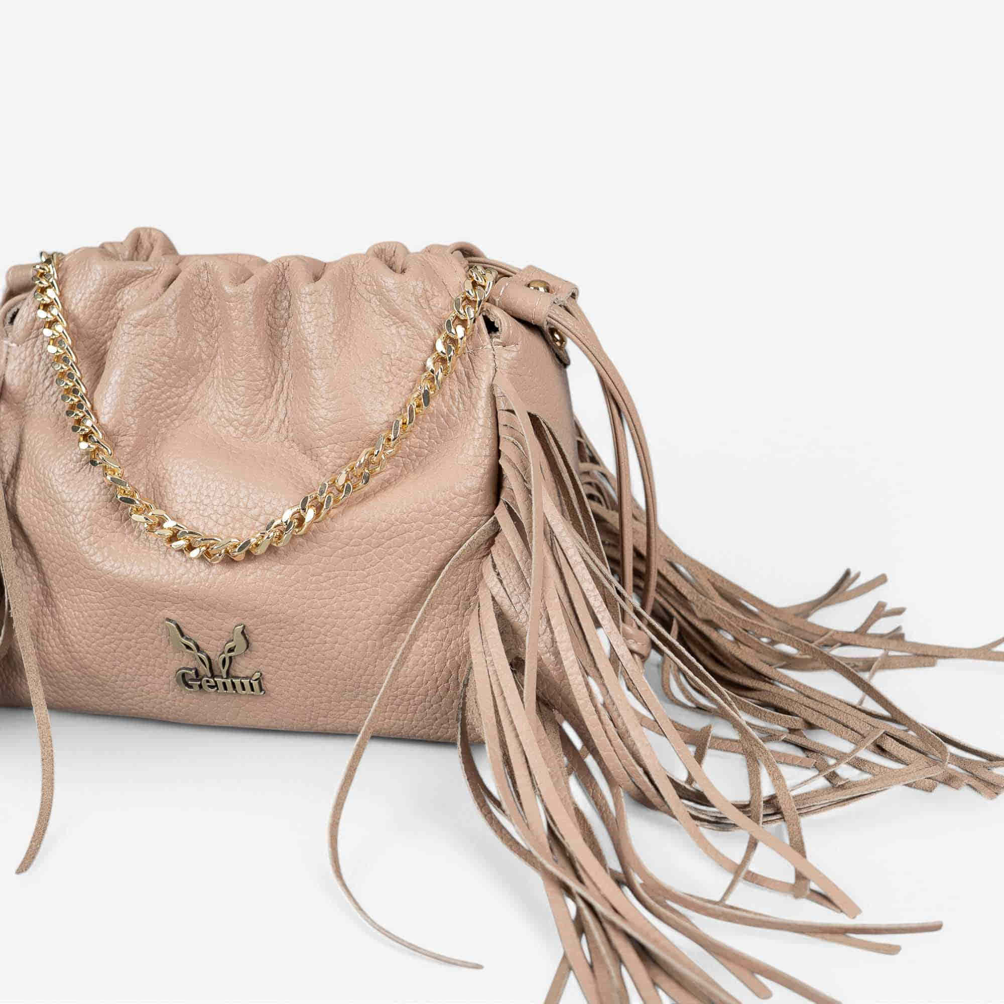 Beige leather fringe shoulder bag