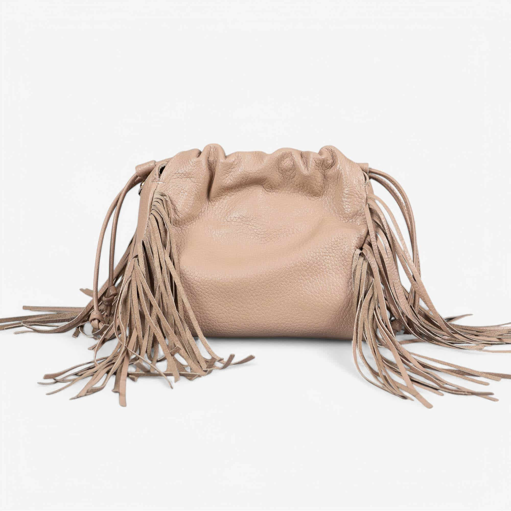Beige leather fringe shoulder bag