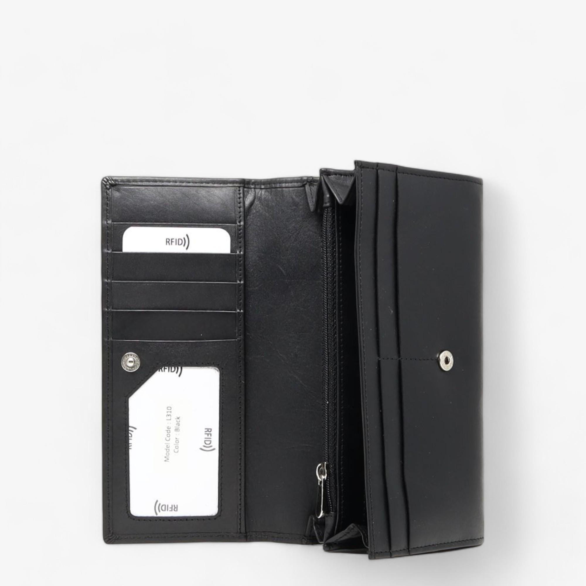 Black leather wallet with snap closure