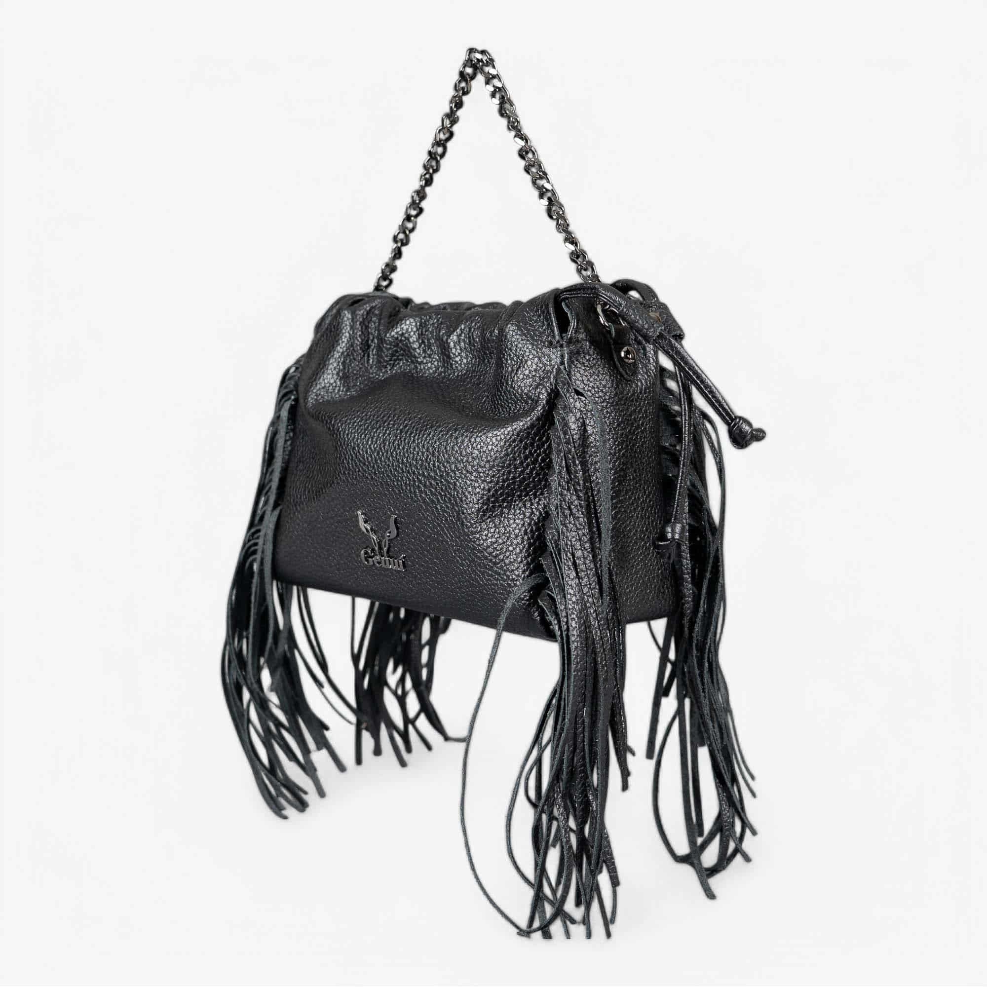 Black leather fringe shoulder bag