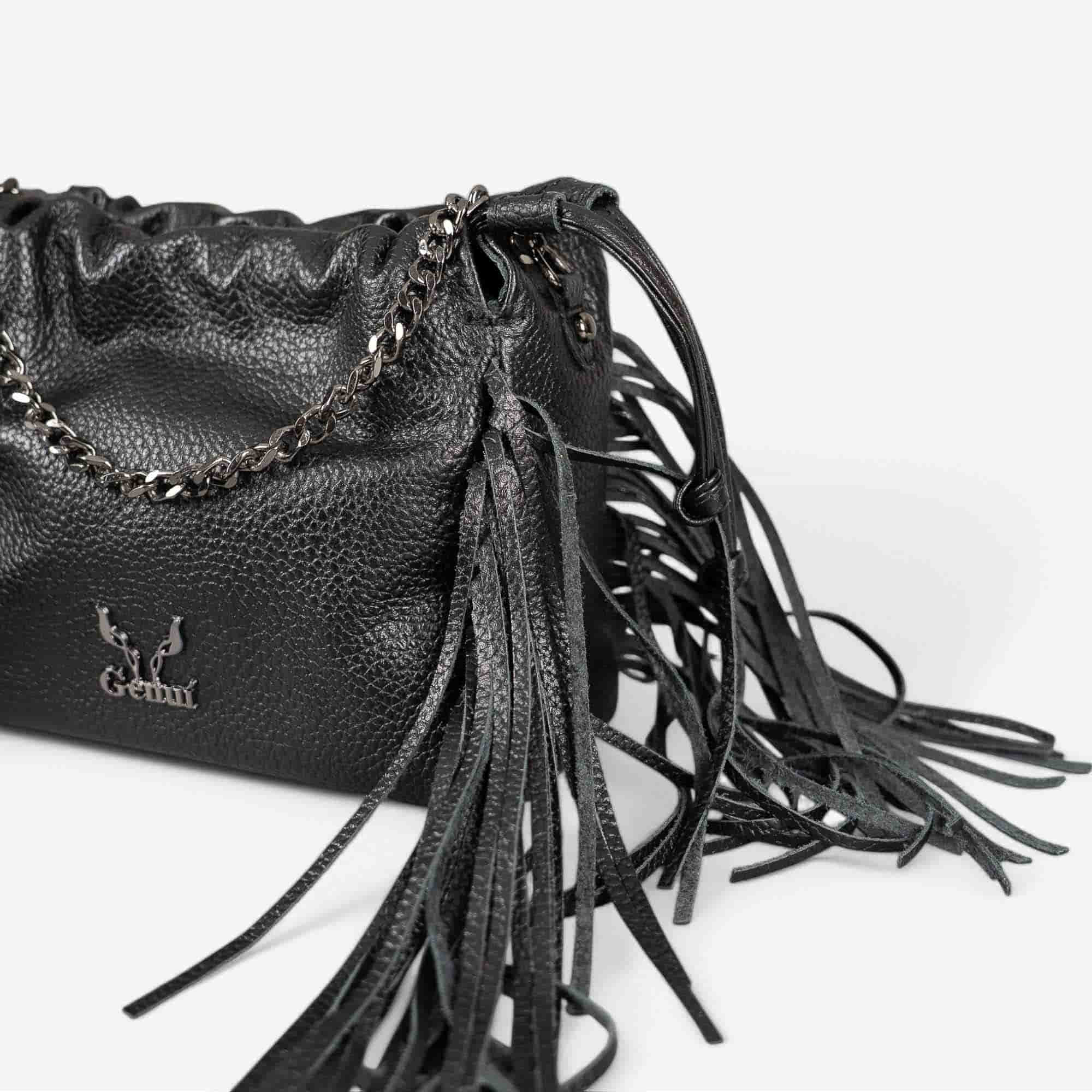 Black leather fringe shoulder bag