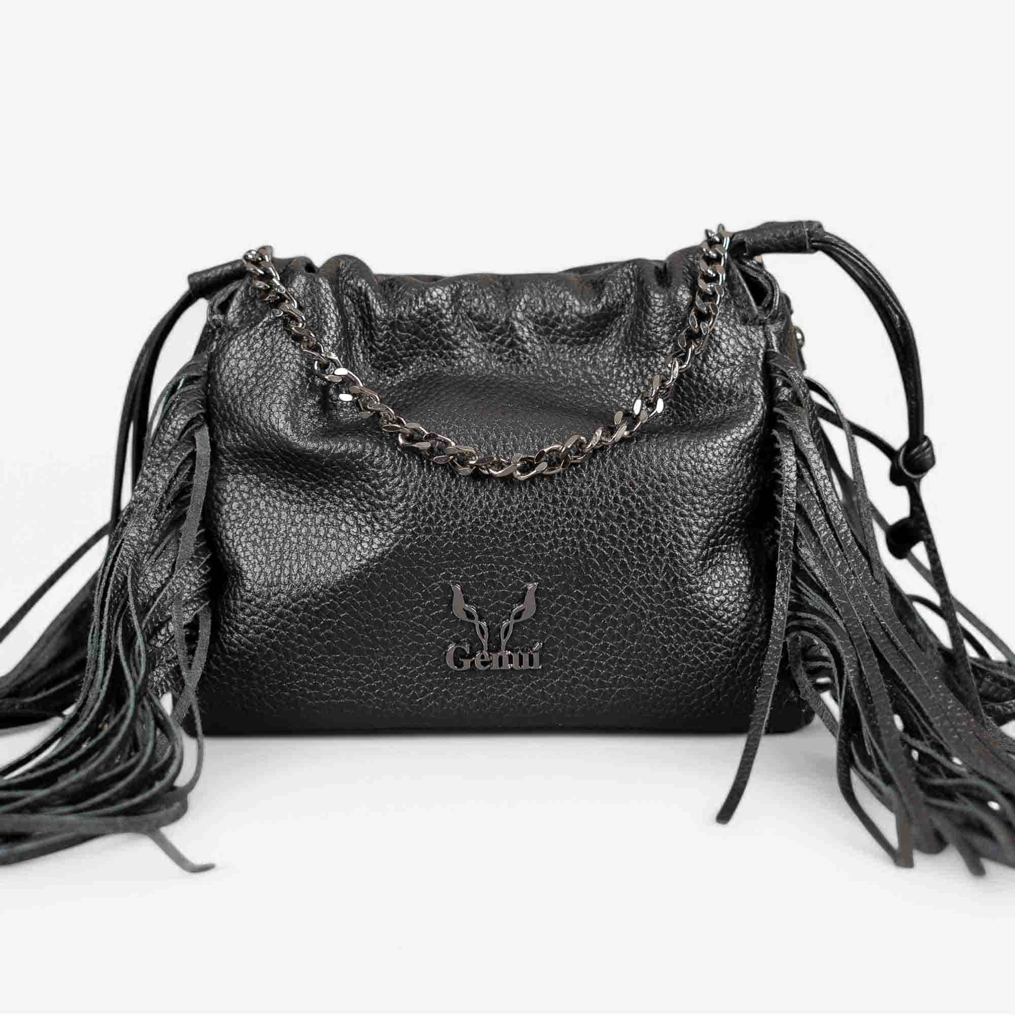 Black leather fringe shoulder bag