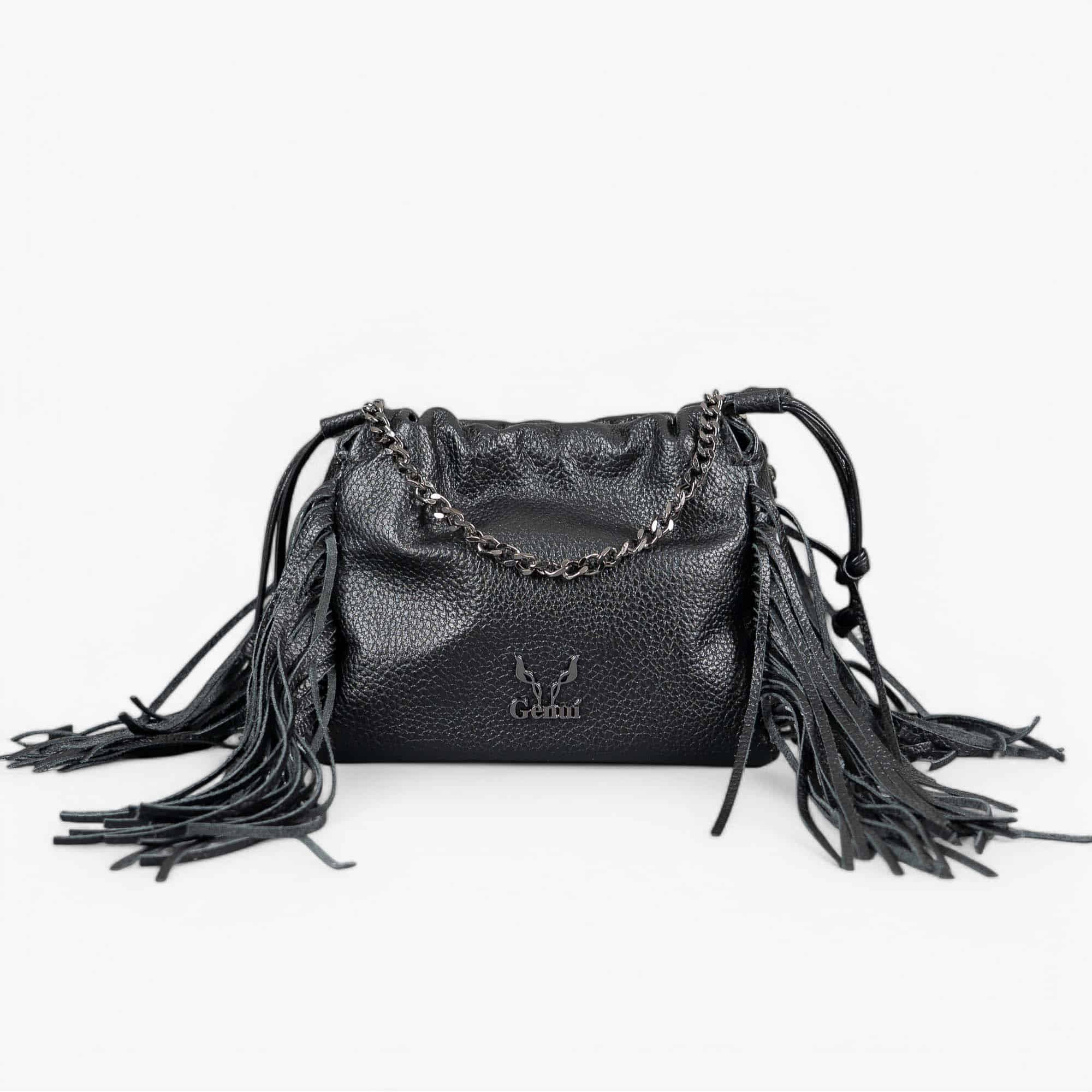 Black leather fringe shoulder bag