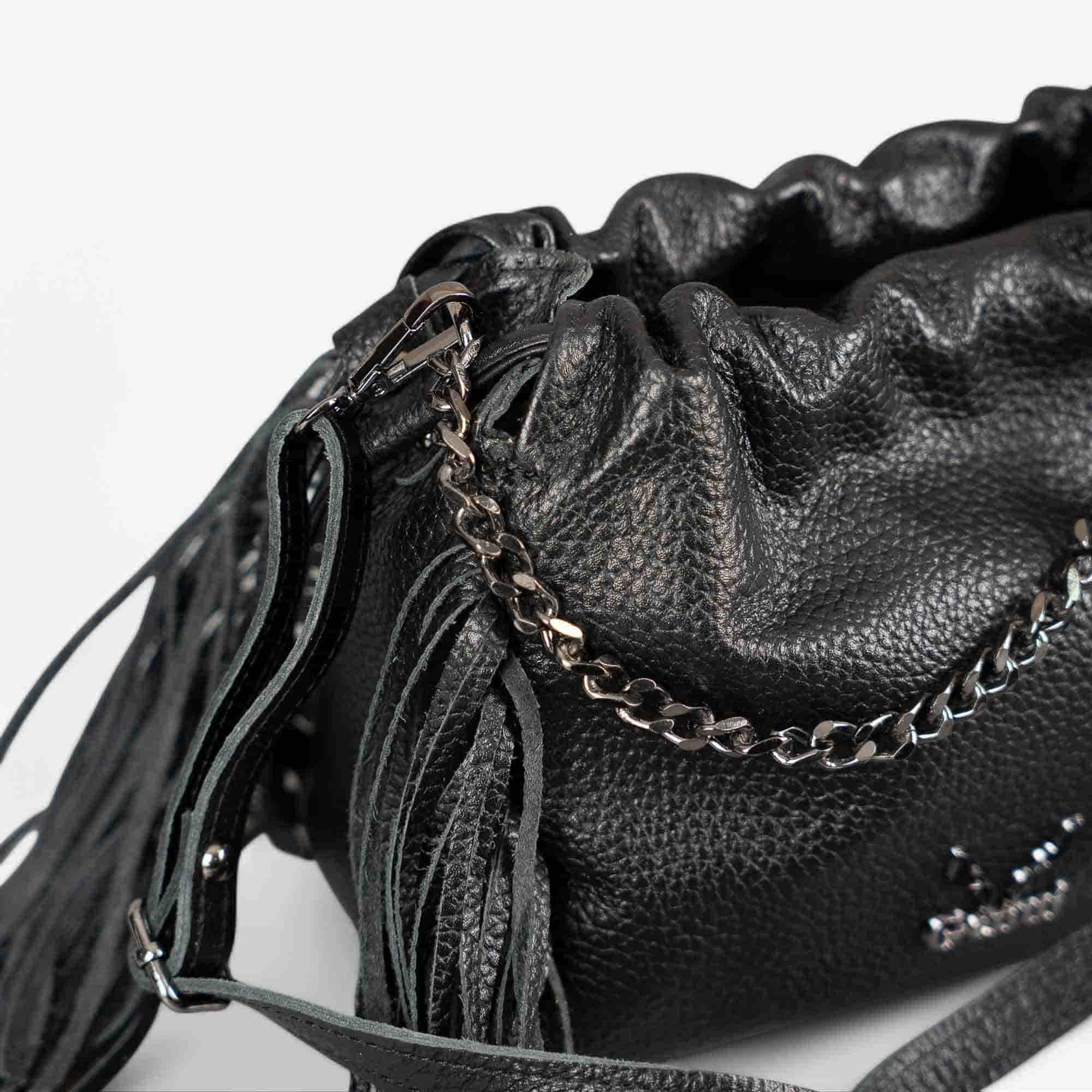 Black leather fringe shoulder bag