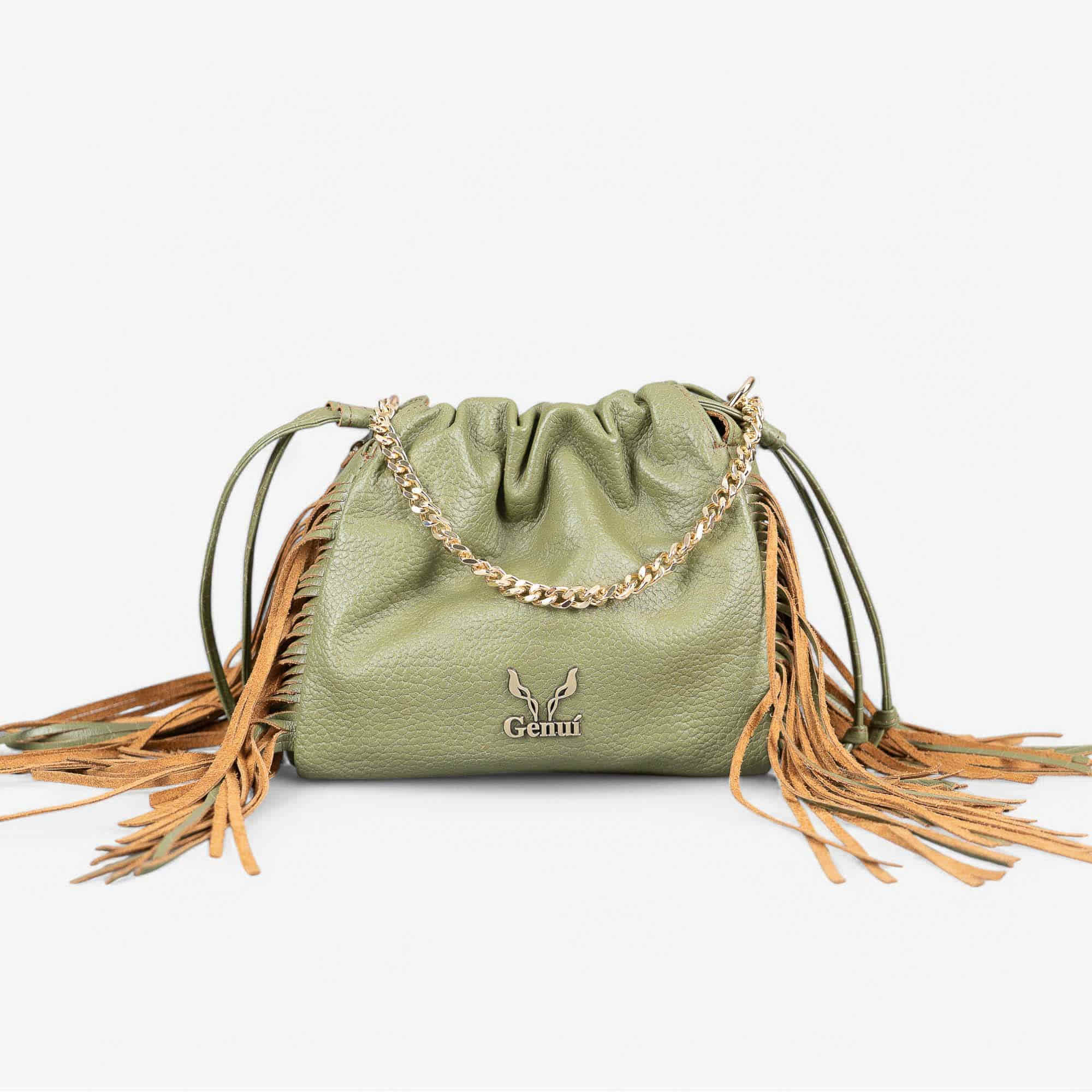 Green leather fringe shoulder bag