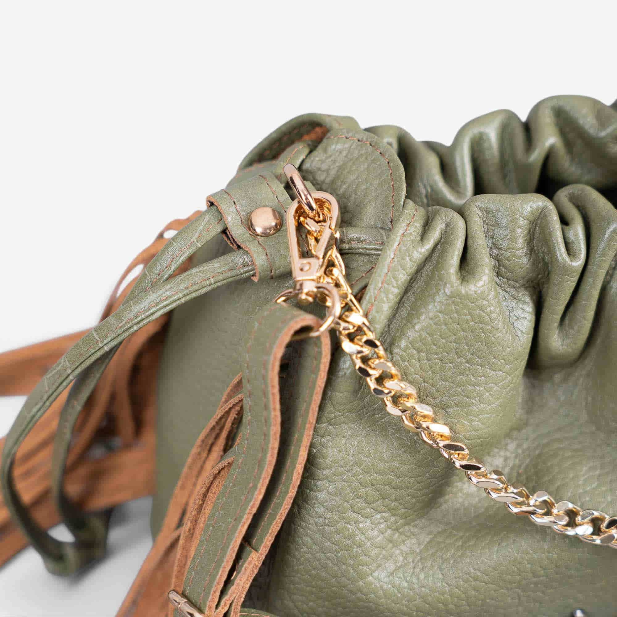 Green leather fringe shoulder bag