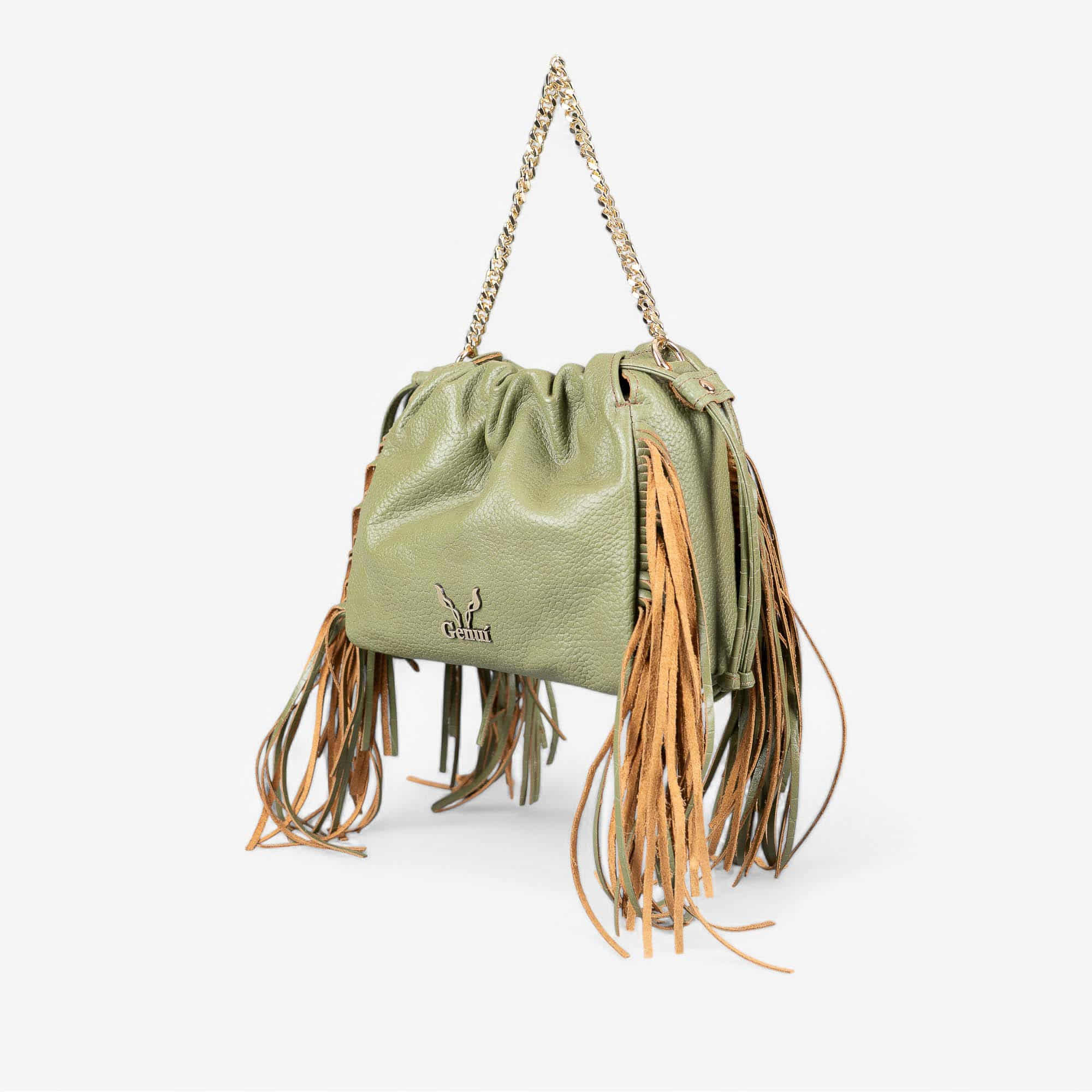 Green leather fringe shoulder bag
