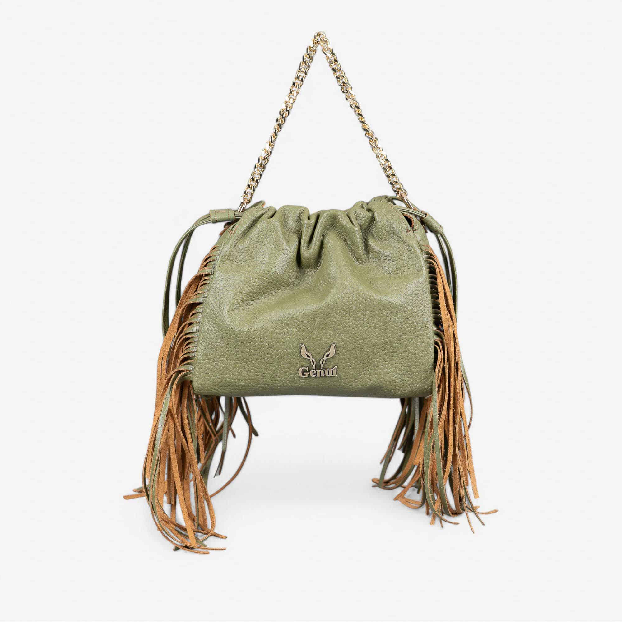 Green leather fringe shoulder bag